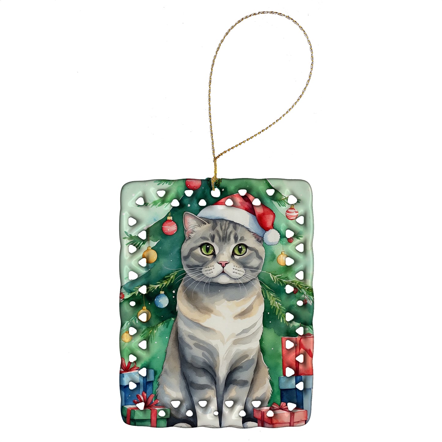 Buy this Scottish Fold Cat By the Christmas Tree Porcelain Ornament
