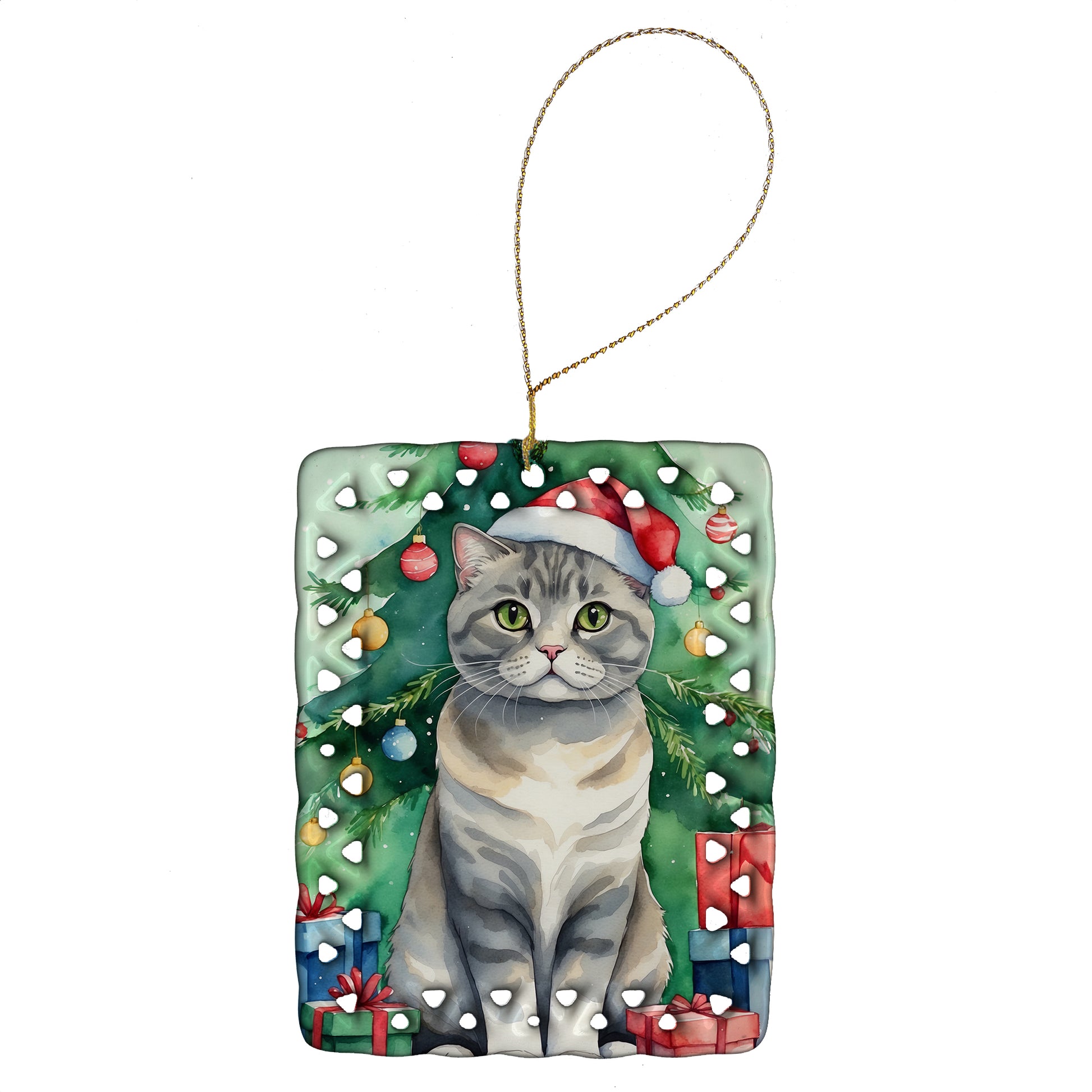 Buy this Scottish Fold Cat By the Christmas Tree Porcelain Ornament