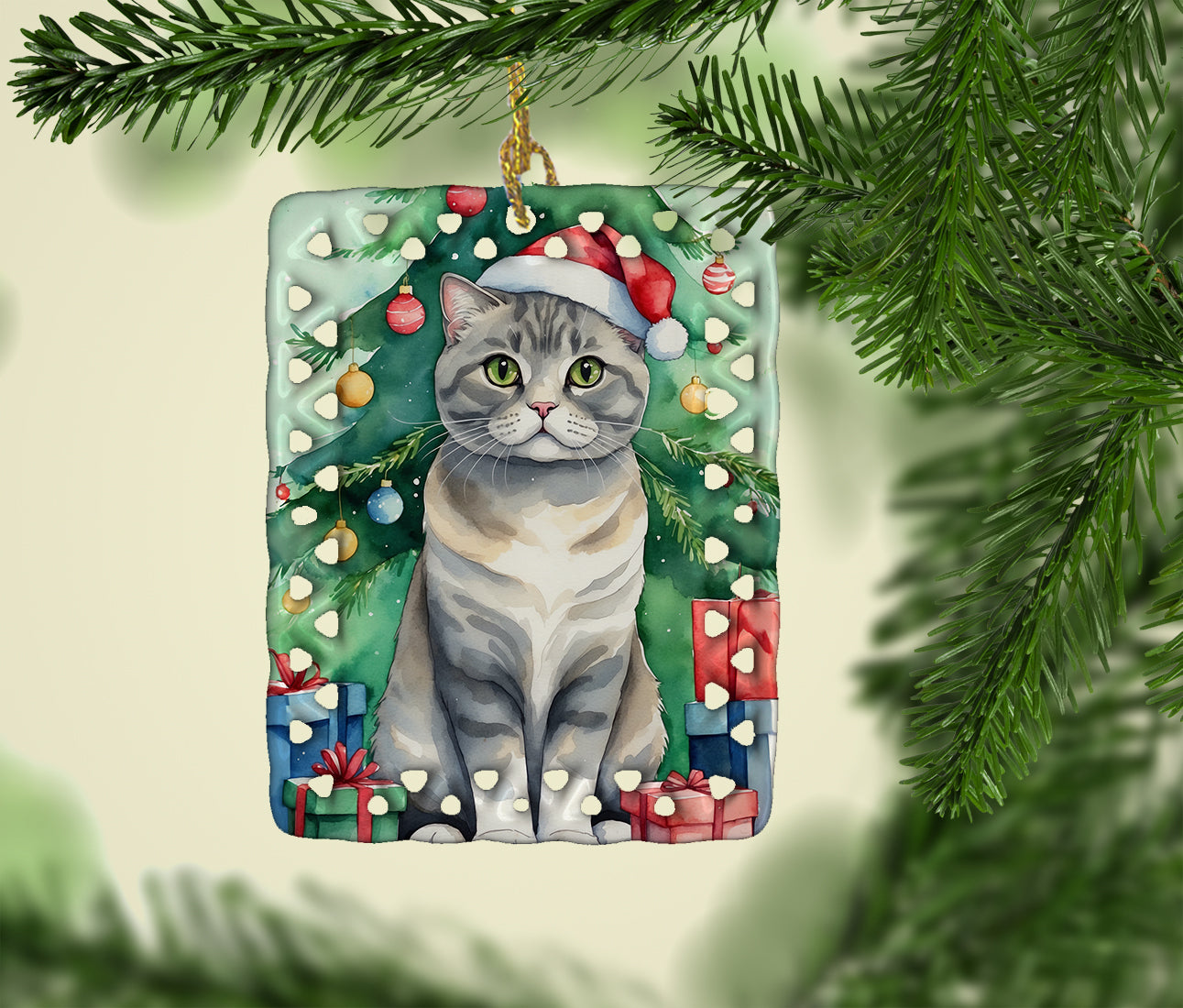 Scottish Fold Cat By the Christmas Tree Porcelain Ornament