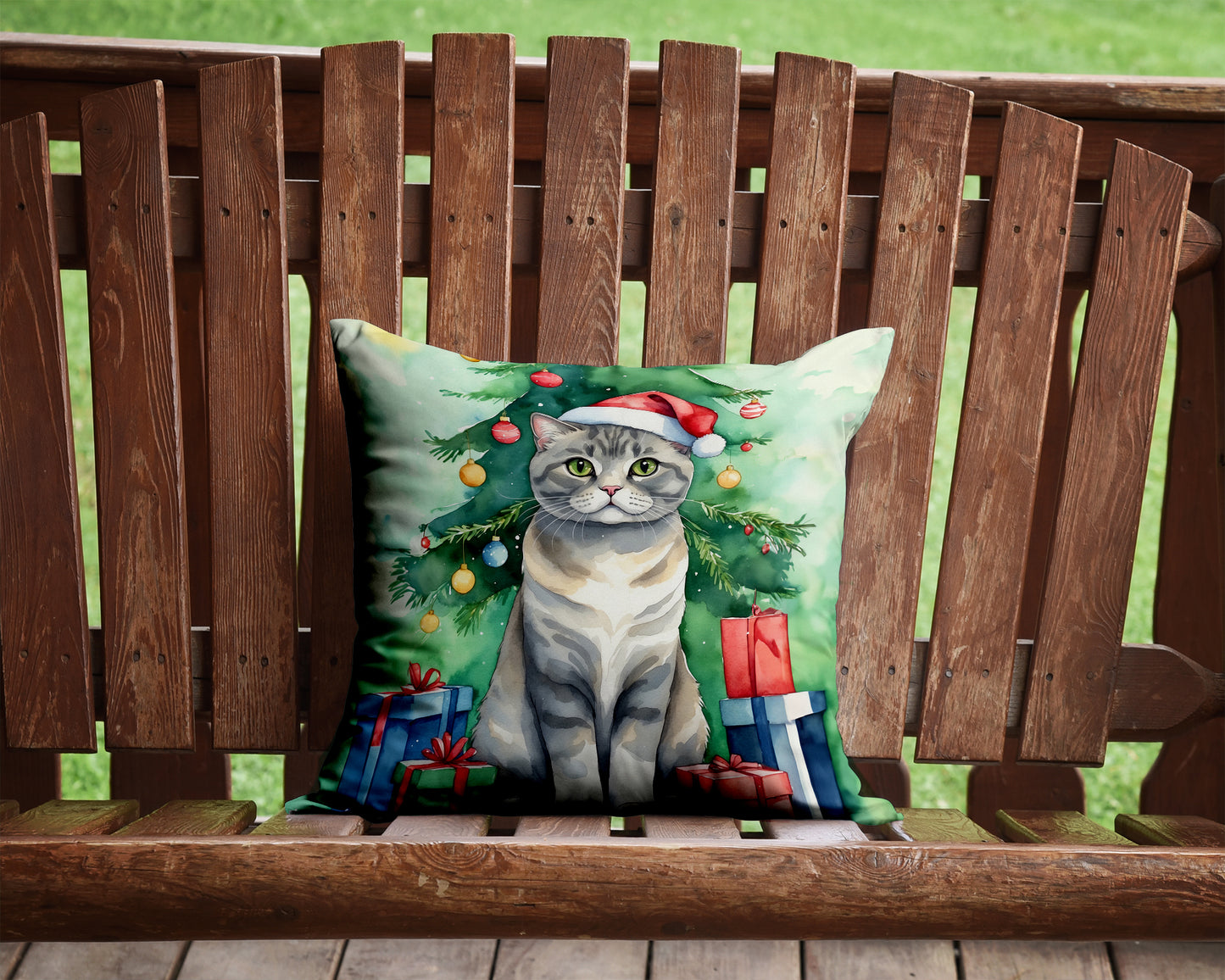 Scottish Fold Cat By the Christmas Tree Throw Pillow