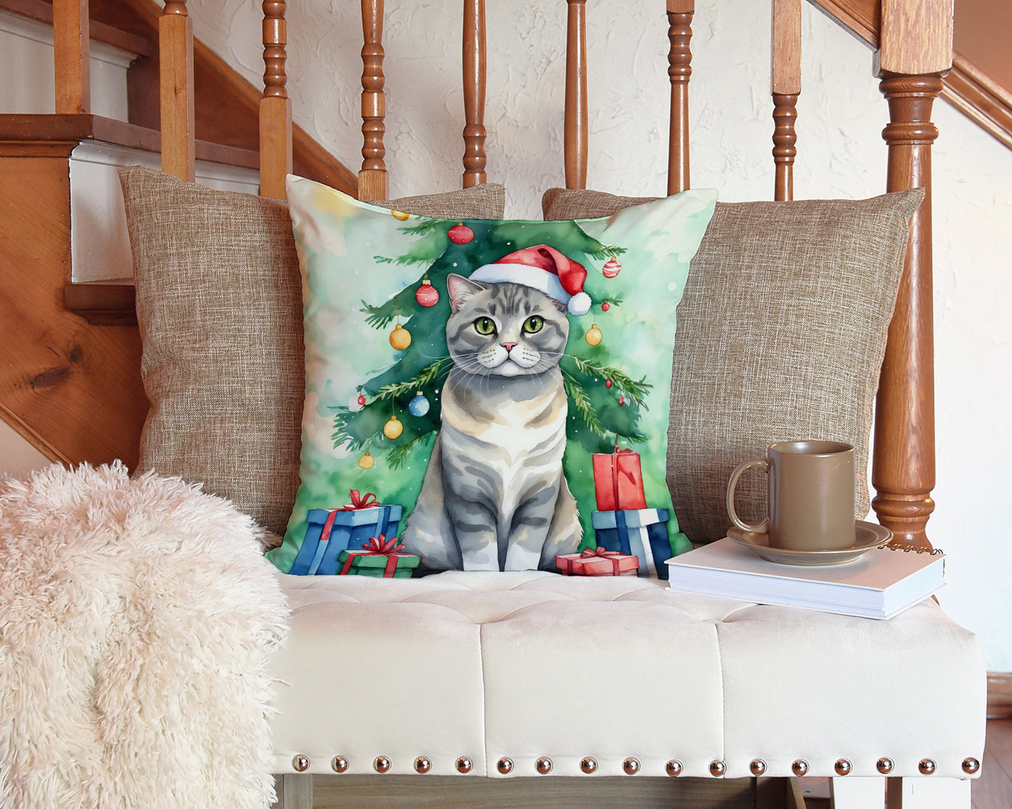 Scottish Fold Cat By the Christmas Tree Throw Pillow