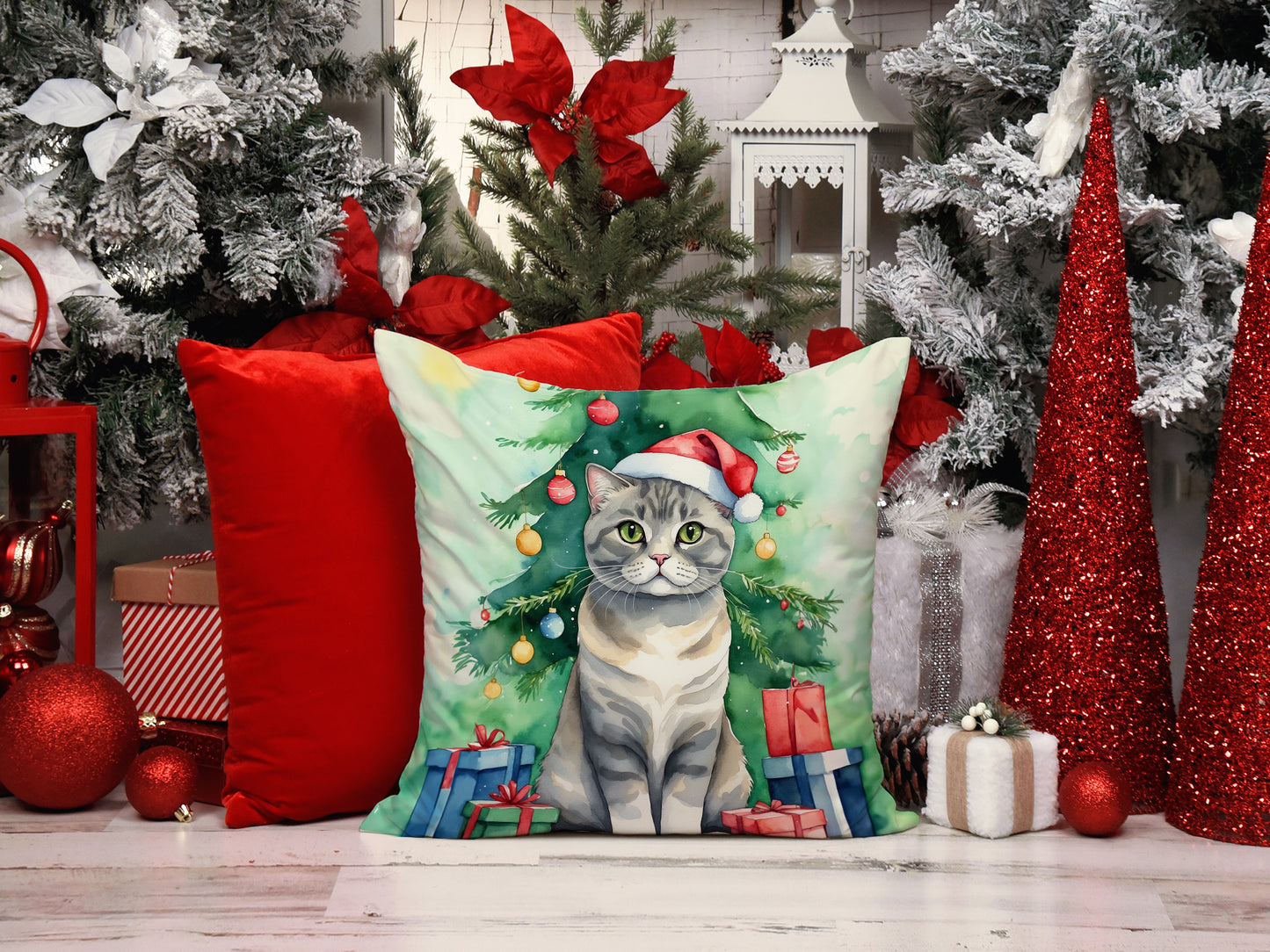 Scottish Fold Cat By the Christmas Tree Throw Pillow