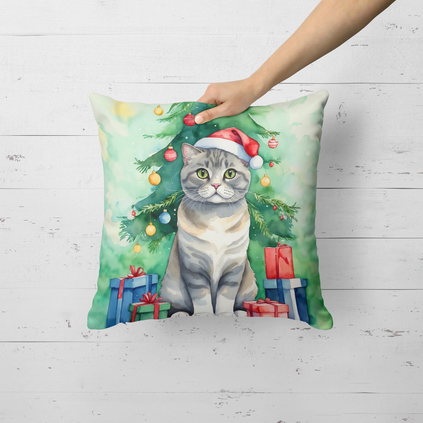 Scottish Fold Cat By the Christmas Tree Throw Pillow
