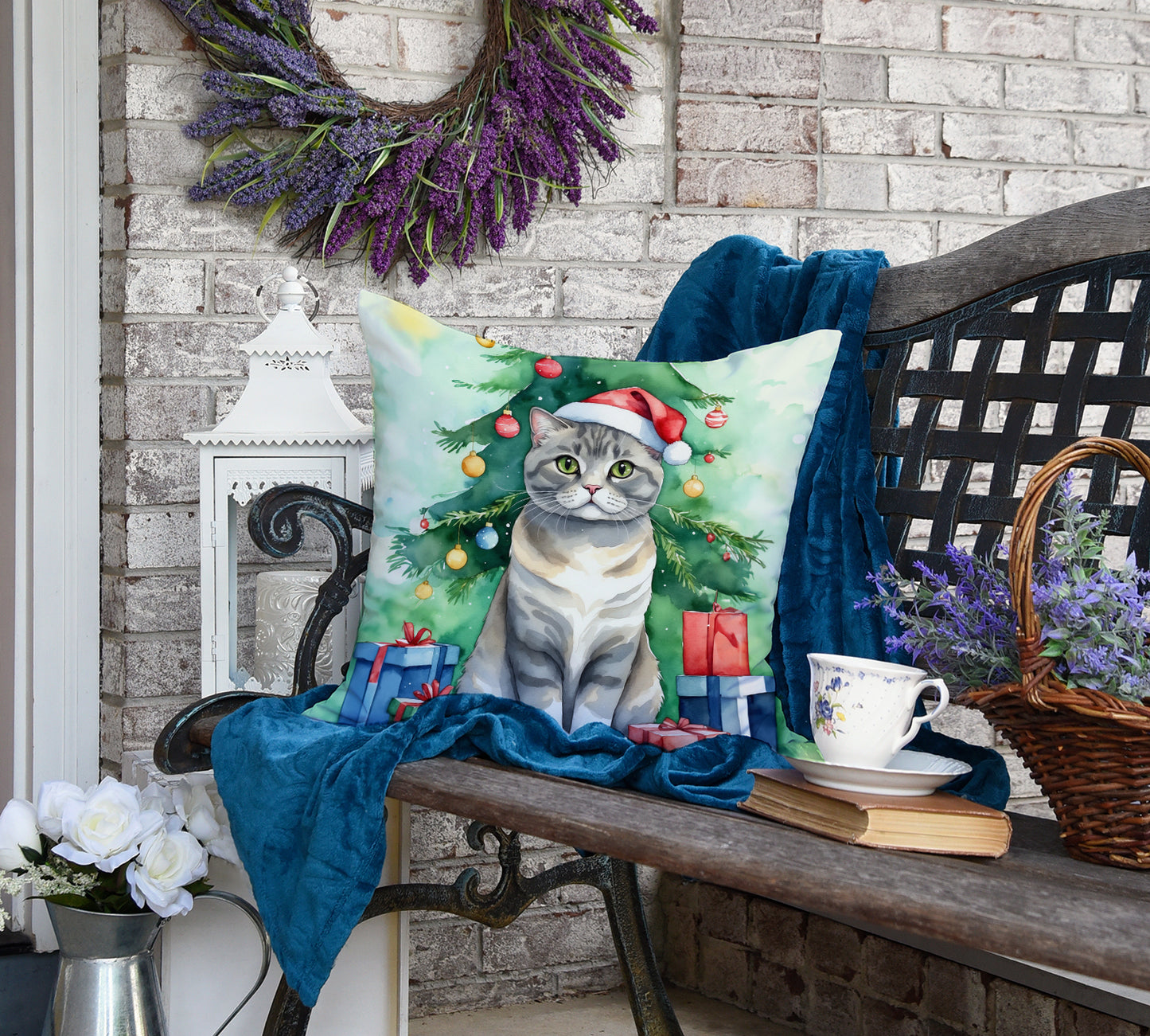 Scottish Fold Cat By the Christmas Tree Throw Pillow