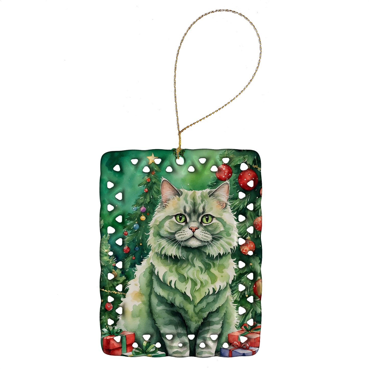 Buy this Selkirk Rex Cat By the Christmas Tree Porcelain Ornament