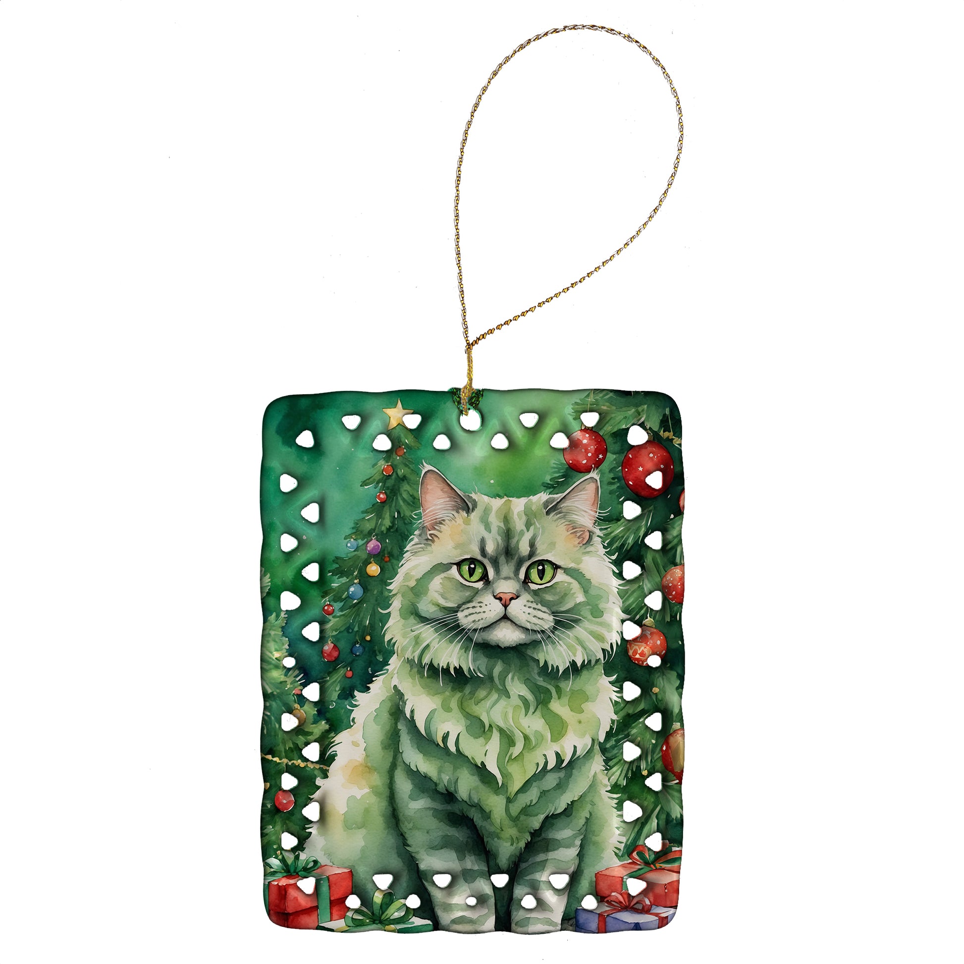 Buy this Selkirk Rex Cat By the Christmas Tree Porcelain Ornament