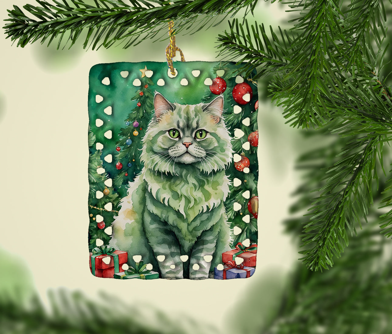 Selkirk Rex Cat By the Christmas Tree Porcelain Ornament