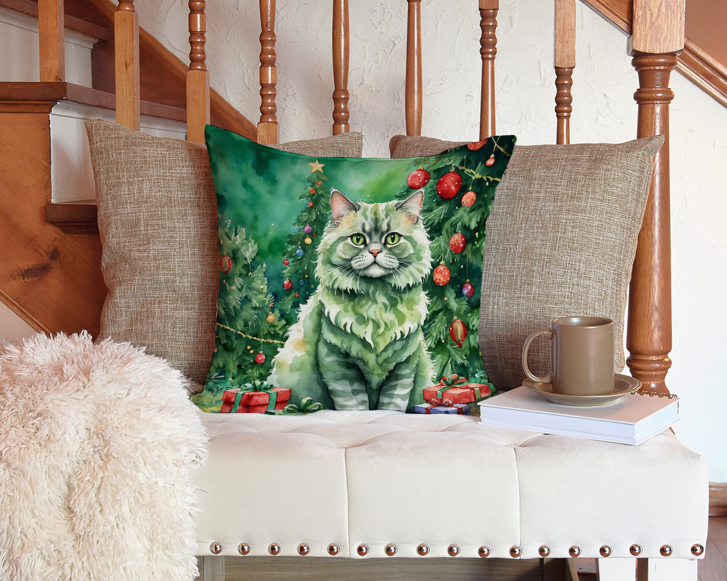 Selkirk Rex Cat By the Christmas Tree Throw Pillow
