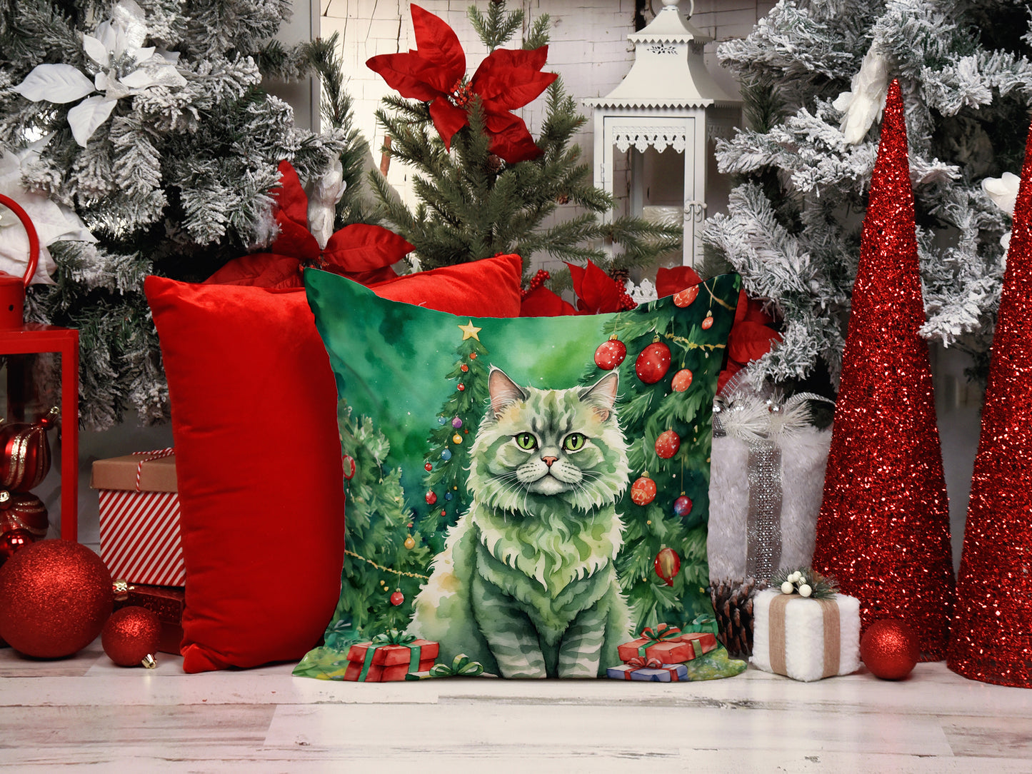 Selkirk Rex Cat By the Christmas Tree Throw Pillow