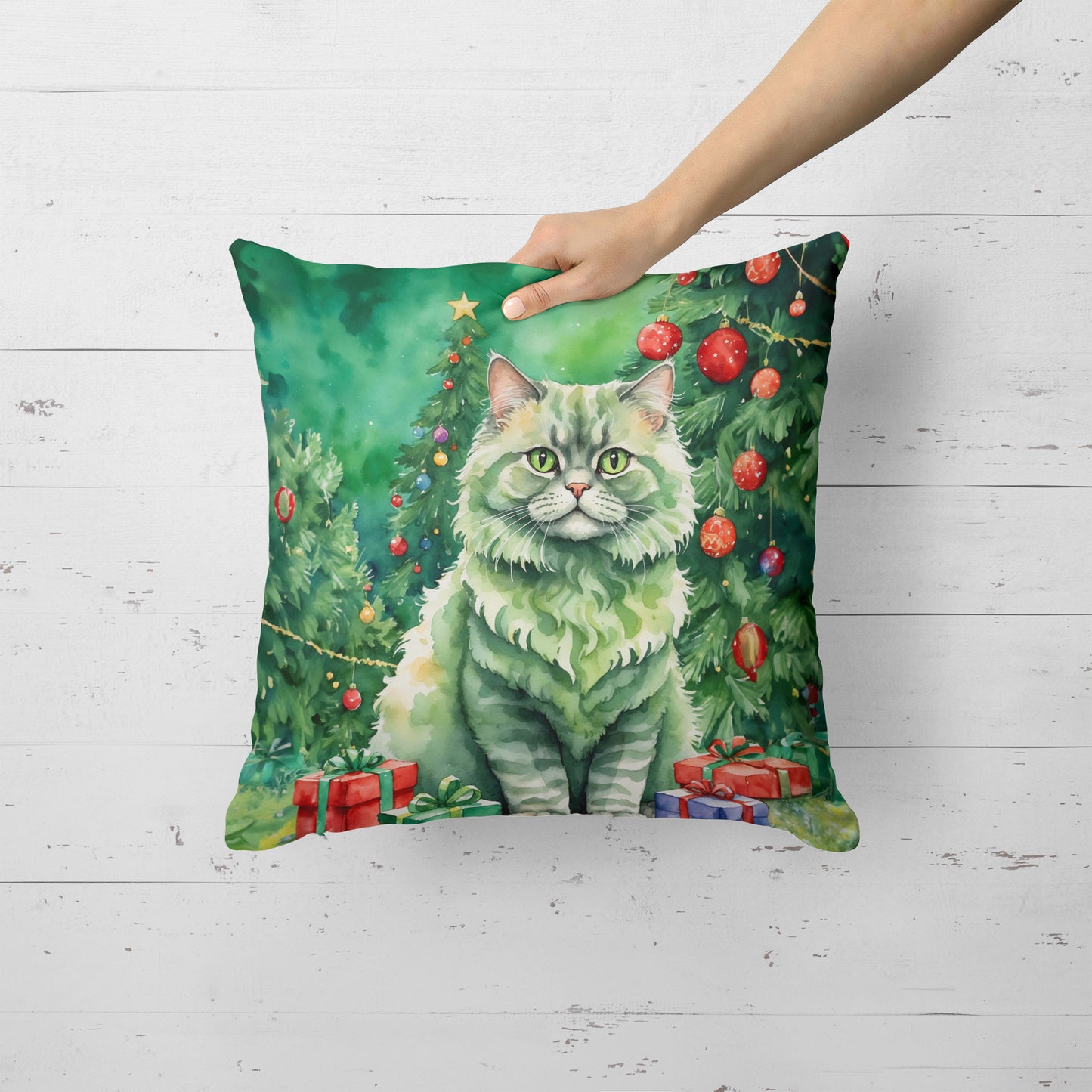 Selkirk Rex Cat By the Christmas Tree Throw Pillow