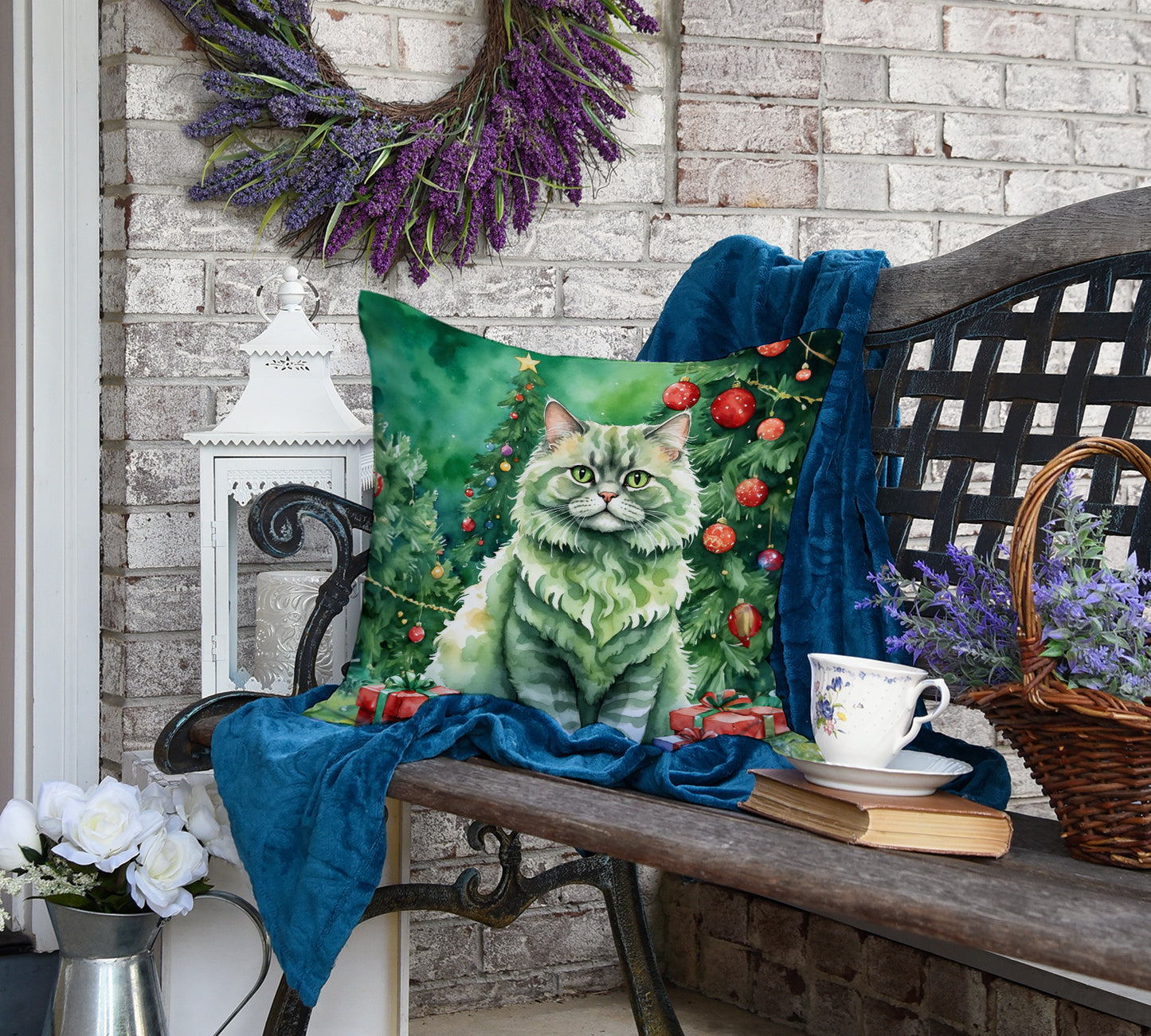 Selkirk Rex Cat By the Christmas Tree Throw Pillow