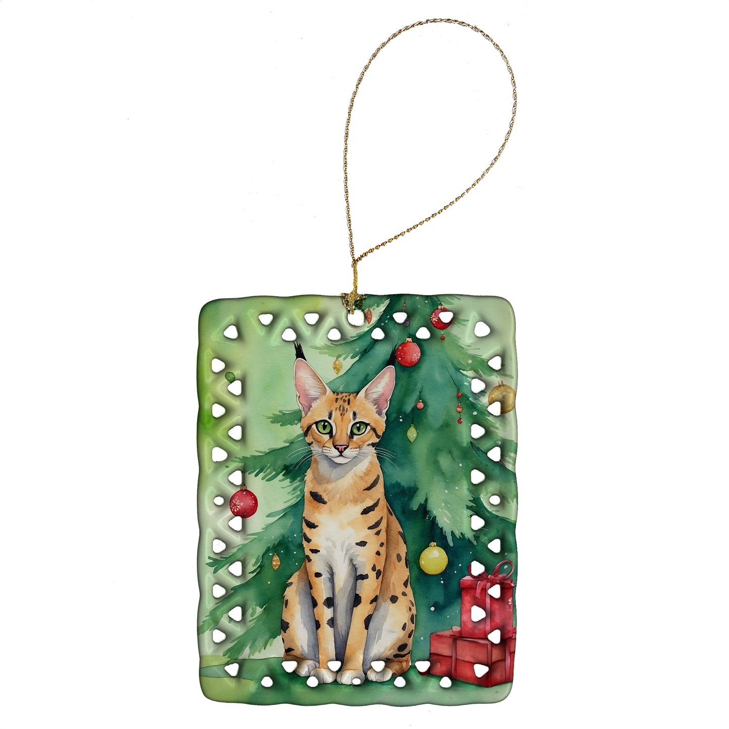 Buy this Serengeti Cat By the Christmas Tree Porcelain Ornament