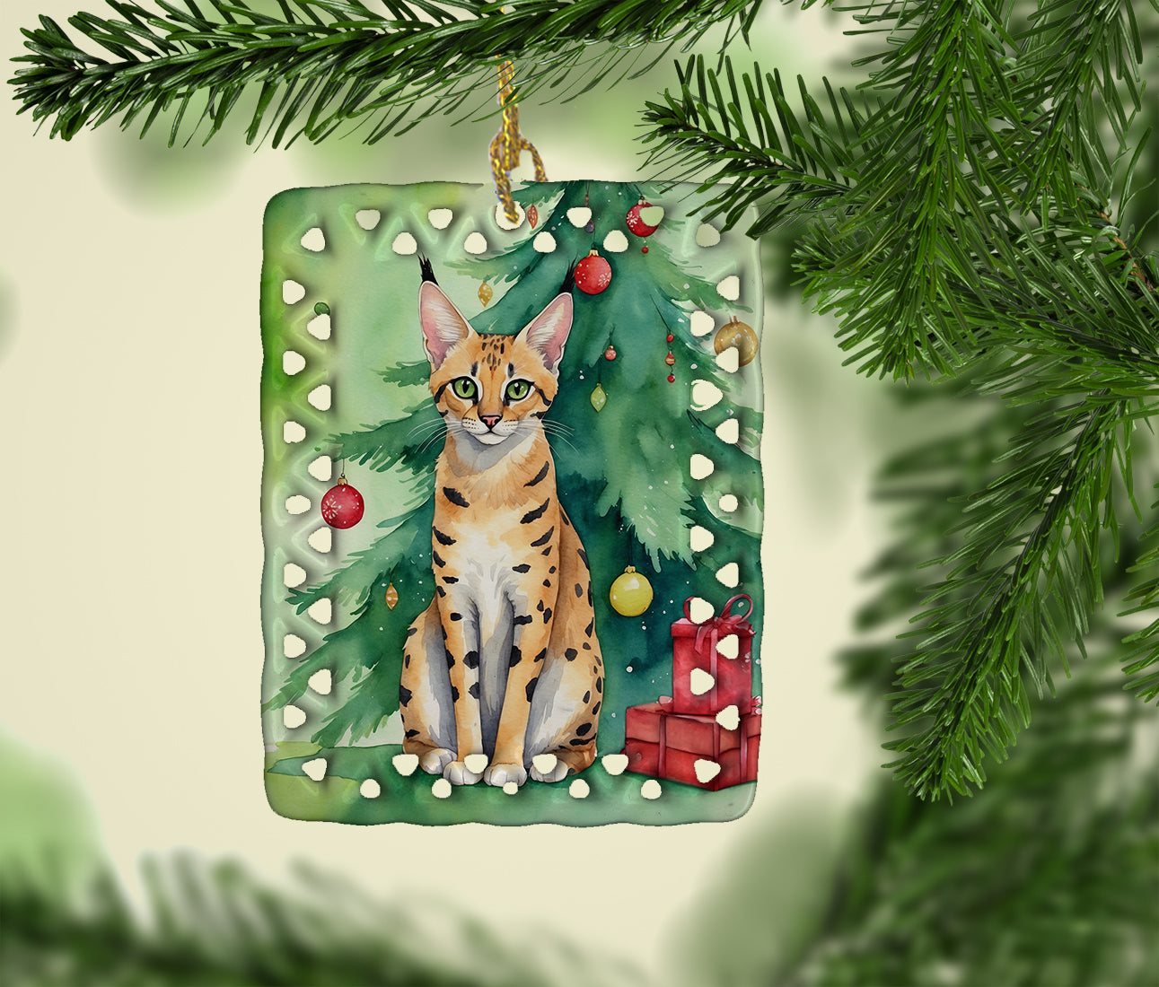 Serengeti Cat By the Christmas Tree Porcelain Ornament