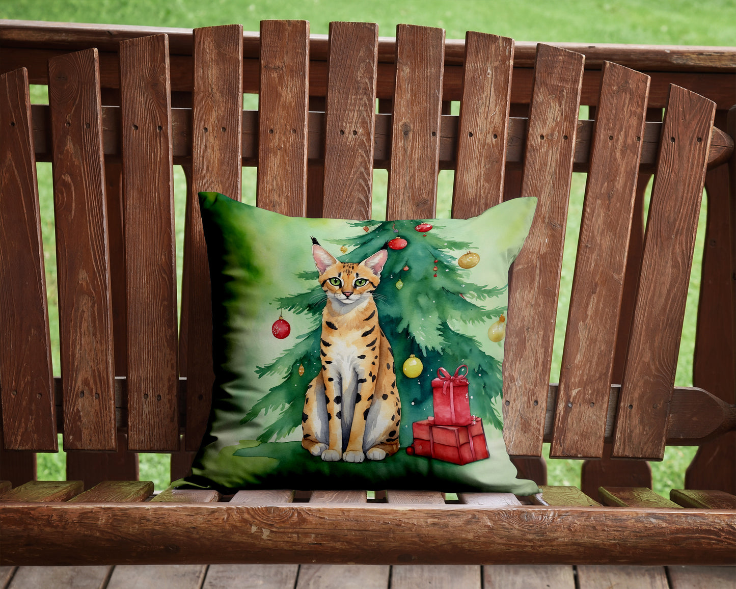 Serengeti Cat By the Christmas Tree Throw Pillow
