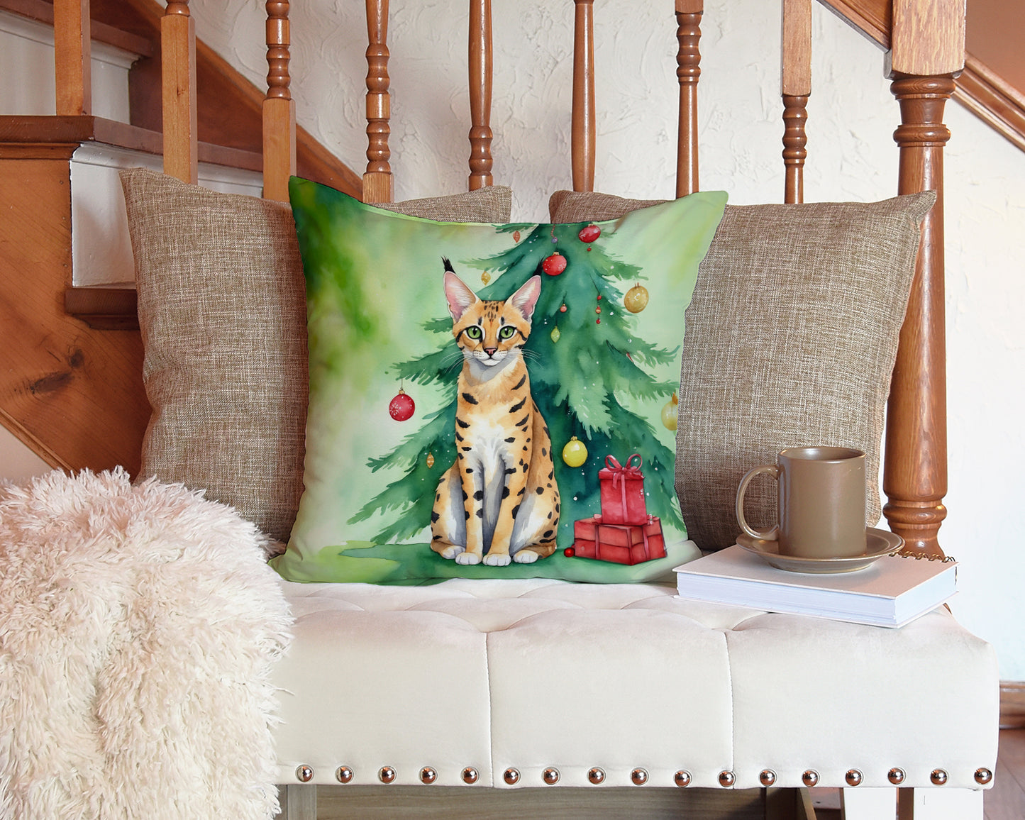 Serengeti Cat By the Christmas Tree Throw Pillow