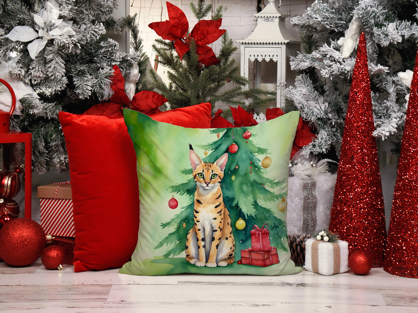 Serengeti Cat By the Christmas Tree Throw Pillow