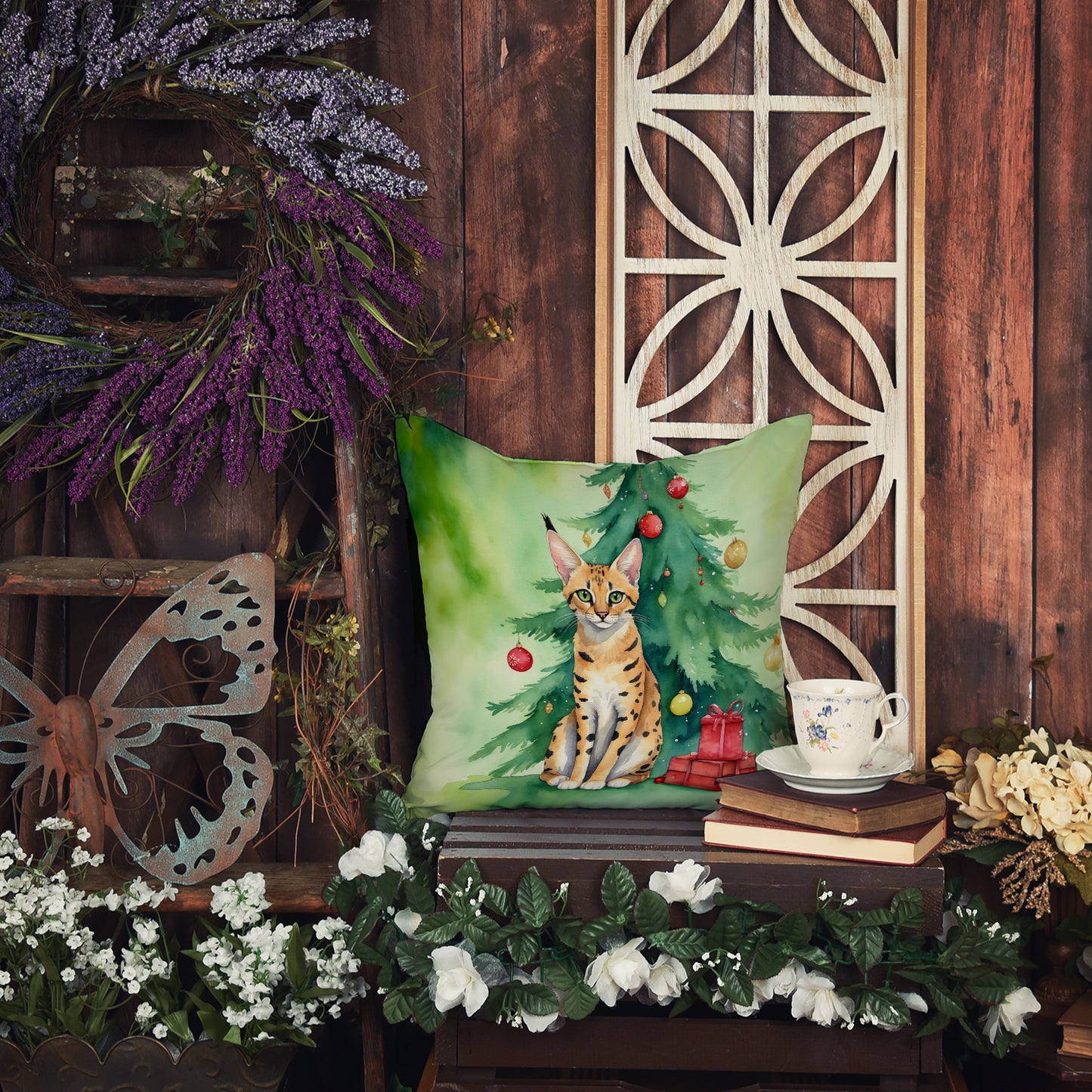 Serengeti Cat By the Christmas Tree Throw Pillow