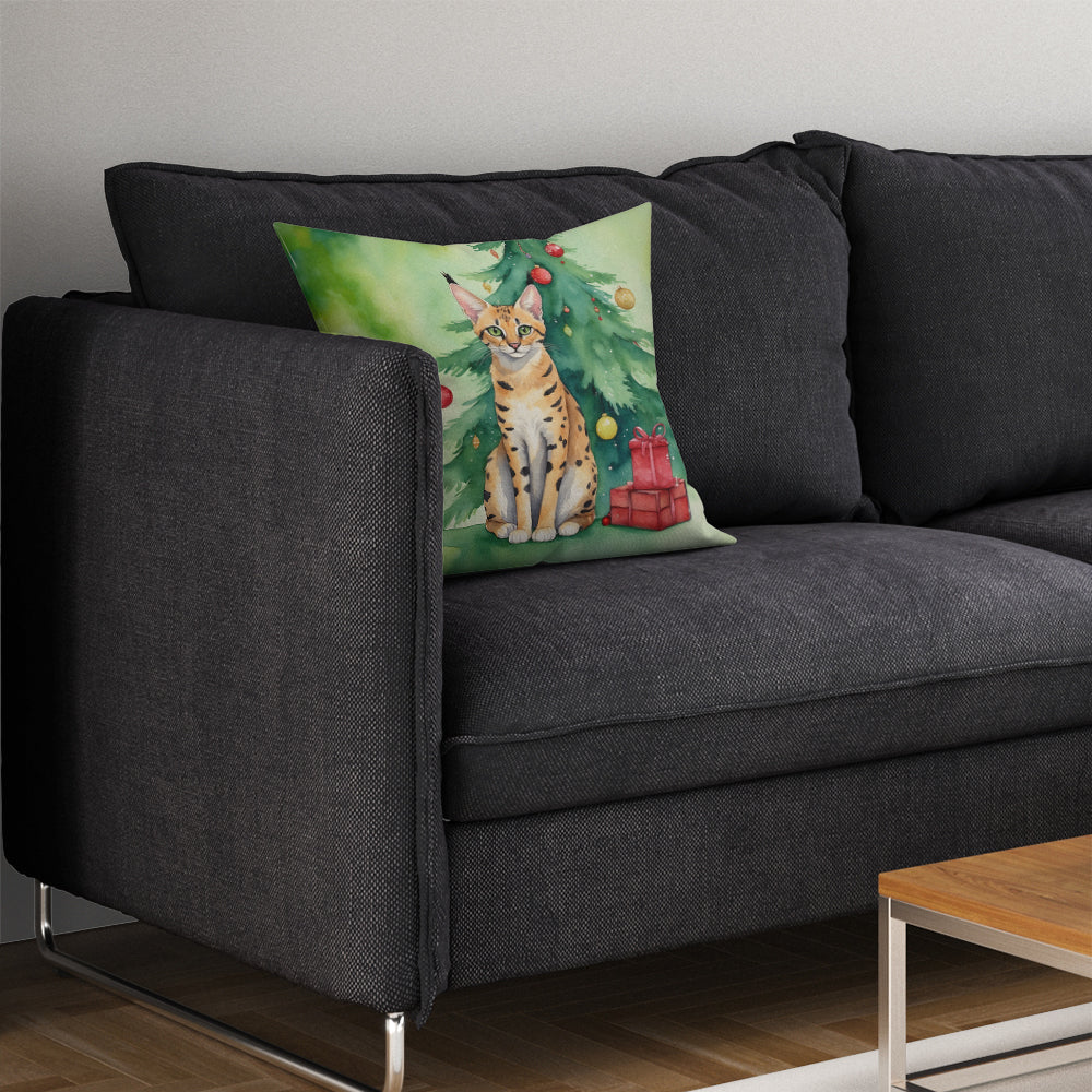 Serengeti Cat By the Christmas Tree Throw Pillow