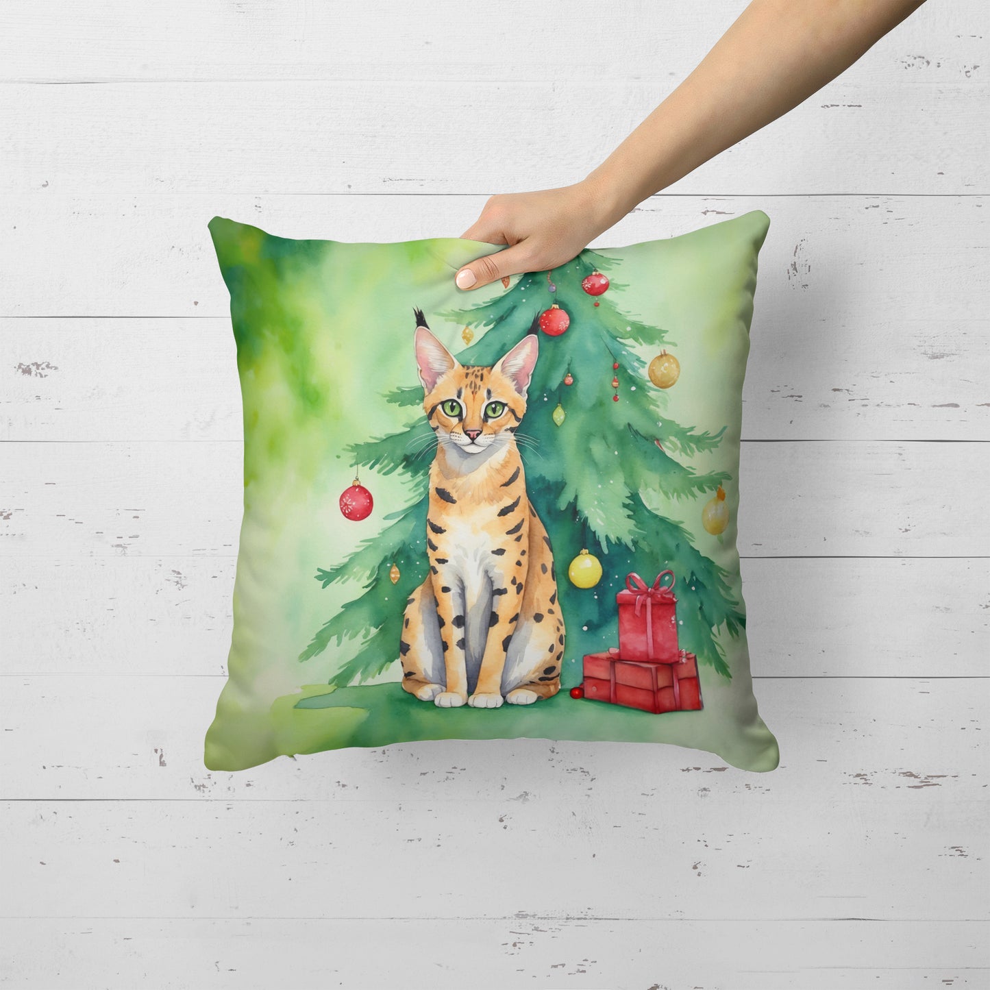 Serengeti Cat By the Christmas Tree Throw Pillow