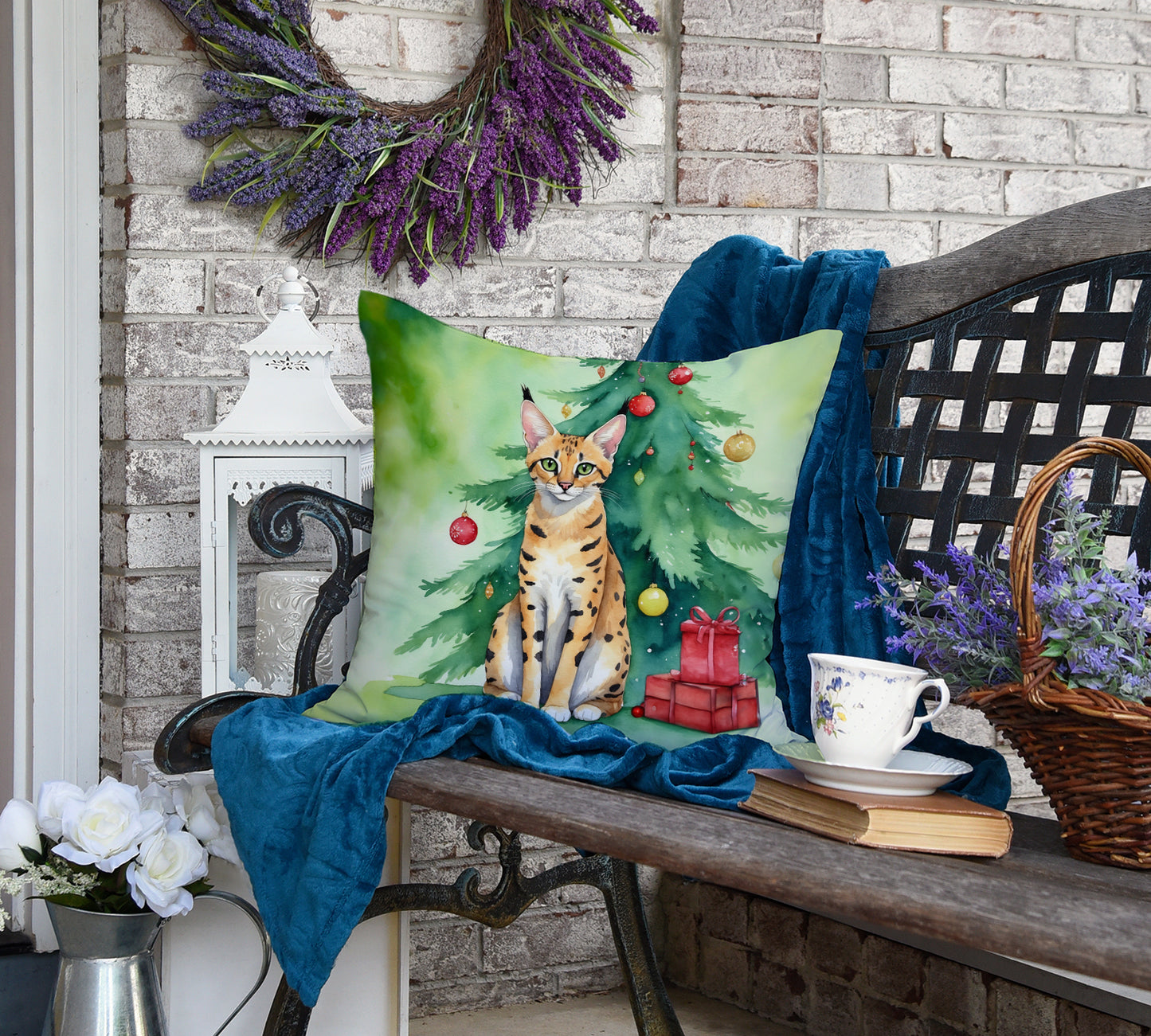 Serengeti Cat By the Christmas Tree Throw Pillow