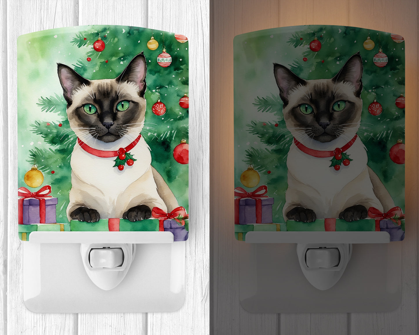 Siamese Cat By the Christmas Tree Ceramic Night Light