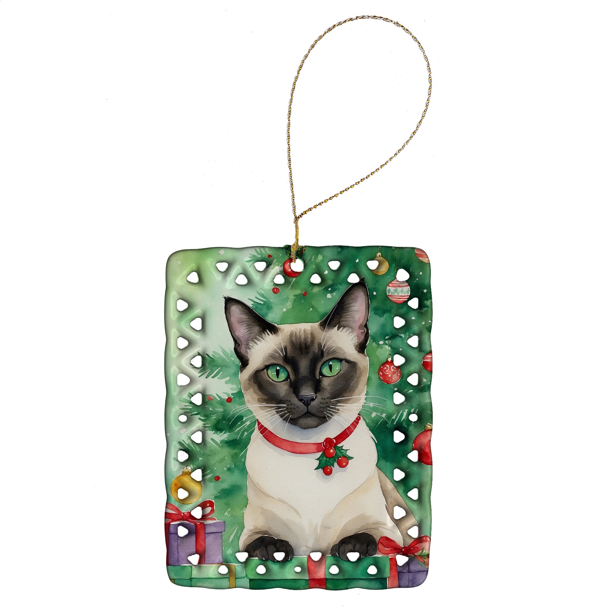 Buy this Siamese Cat By the Christmas Tree Porcelain Ornament