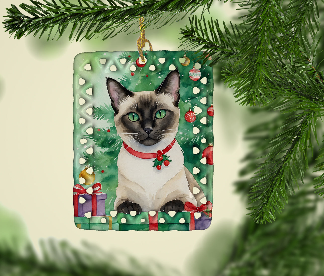Siamese Cat By the Christmas Tree Porcelain Ornament