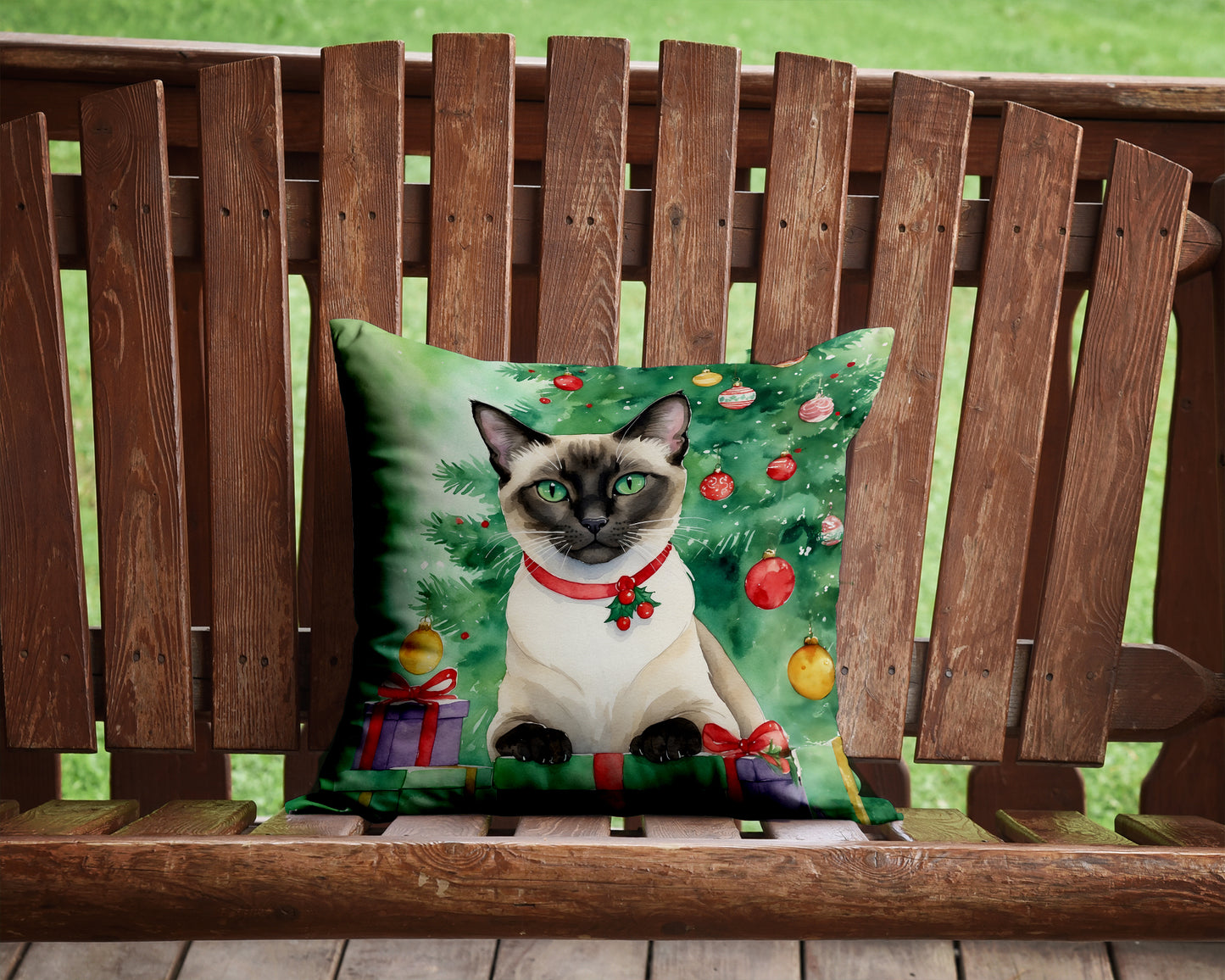 Siamese Cat By the Christmas Tree Throw Pillow