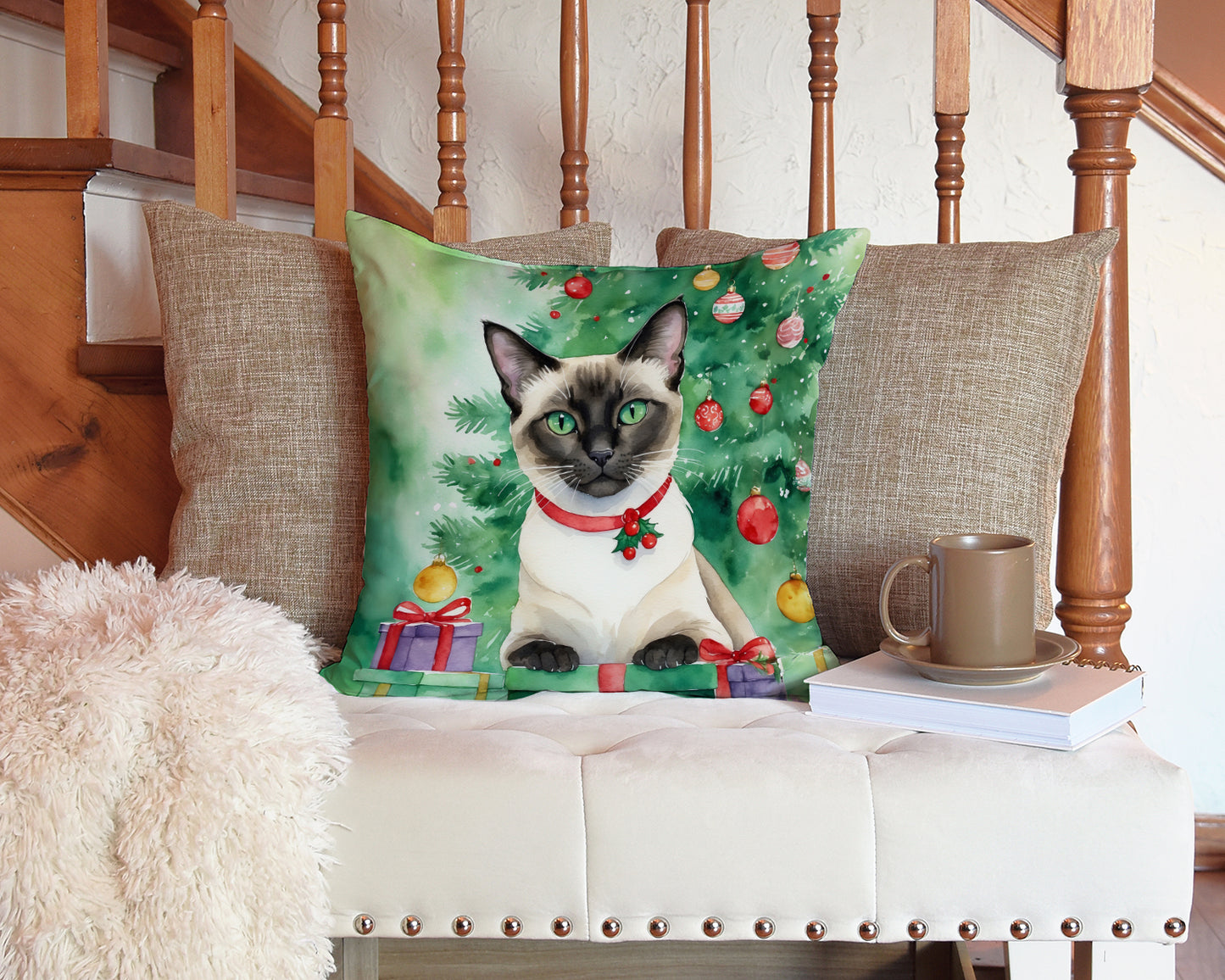 Siamese Cat By the Christmas Tree Throw Pillow