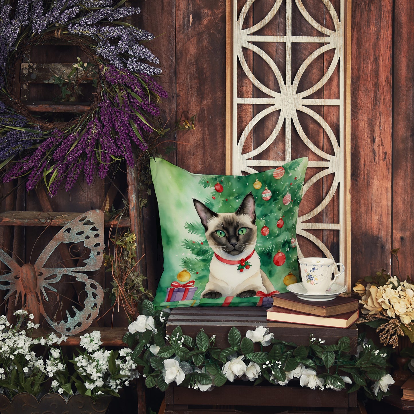 Siamese Cat By the Christmas Tree Throw Pillow