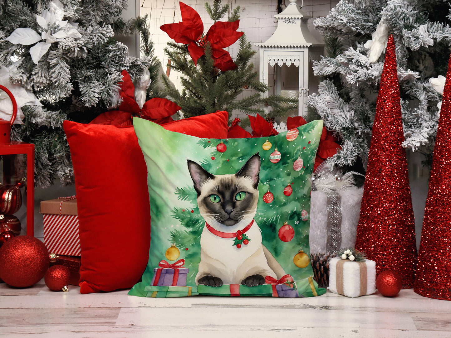 Siamese Cat By the Christmas Tree Throw Pillow