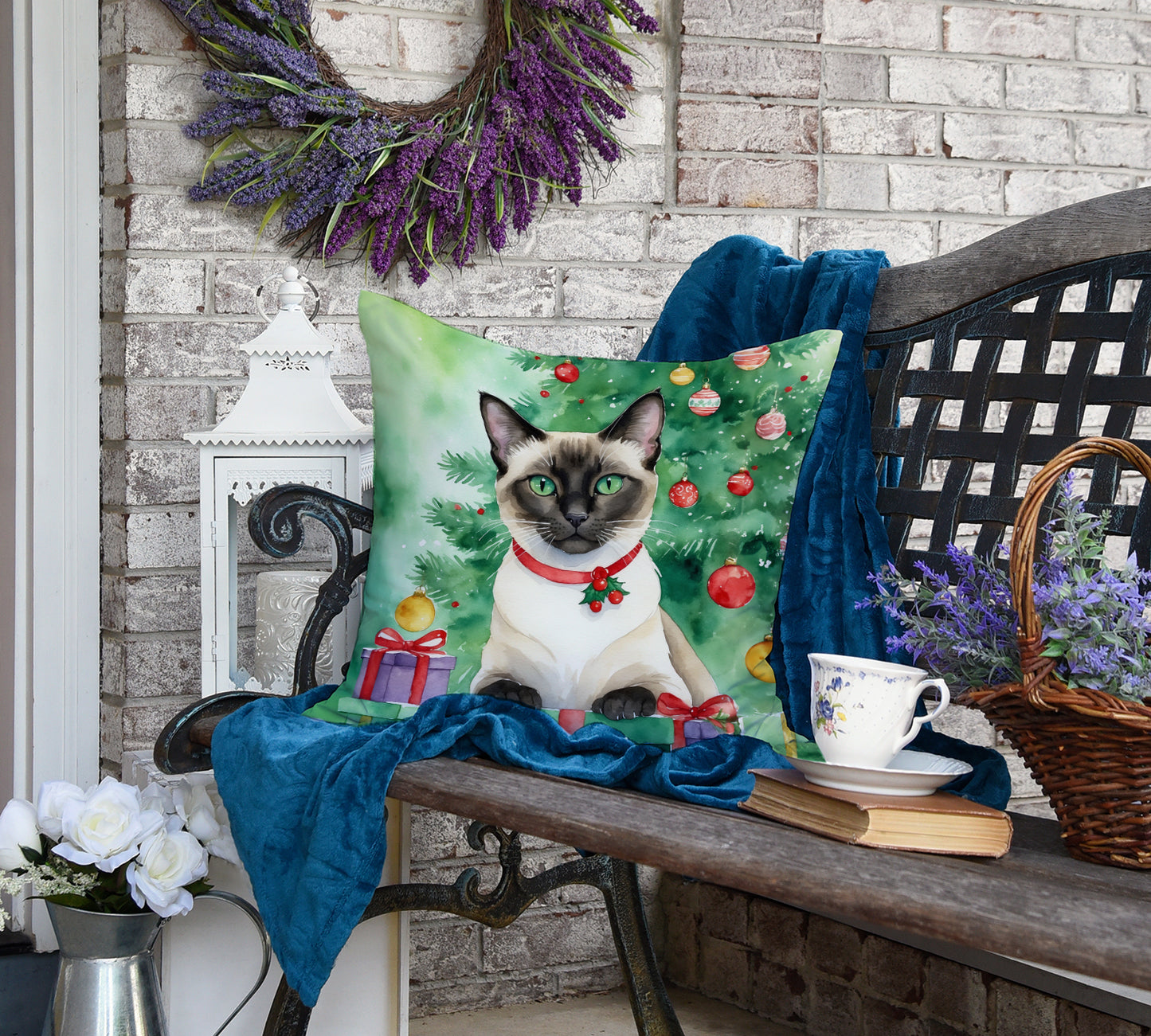 Siamese Cat By the Christmas Tree Throw Pillow