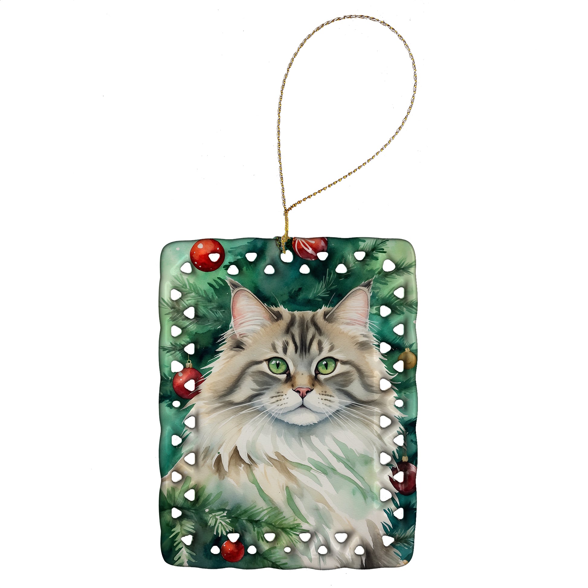 Buy this Siberian Cat By the Christmas Tree Porcelain Ornament