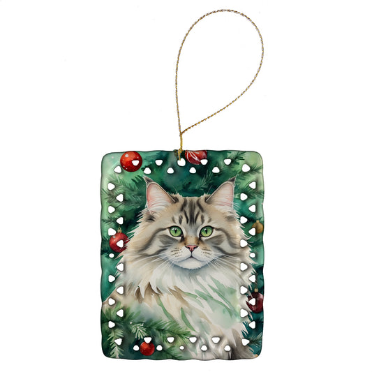 Buy this Siberian Cat By the Christmas Tree Porcelain Ornament
