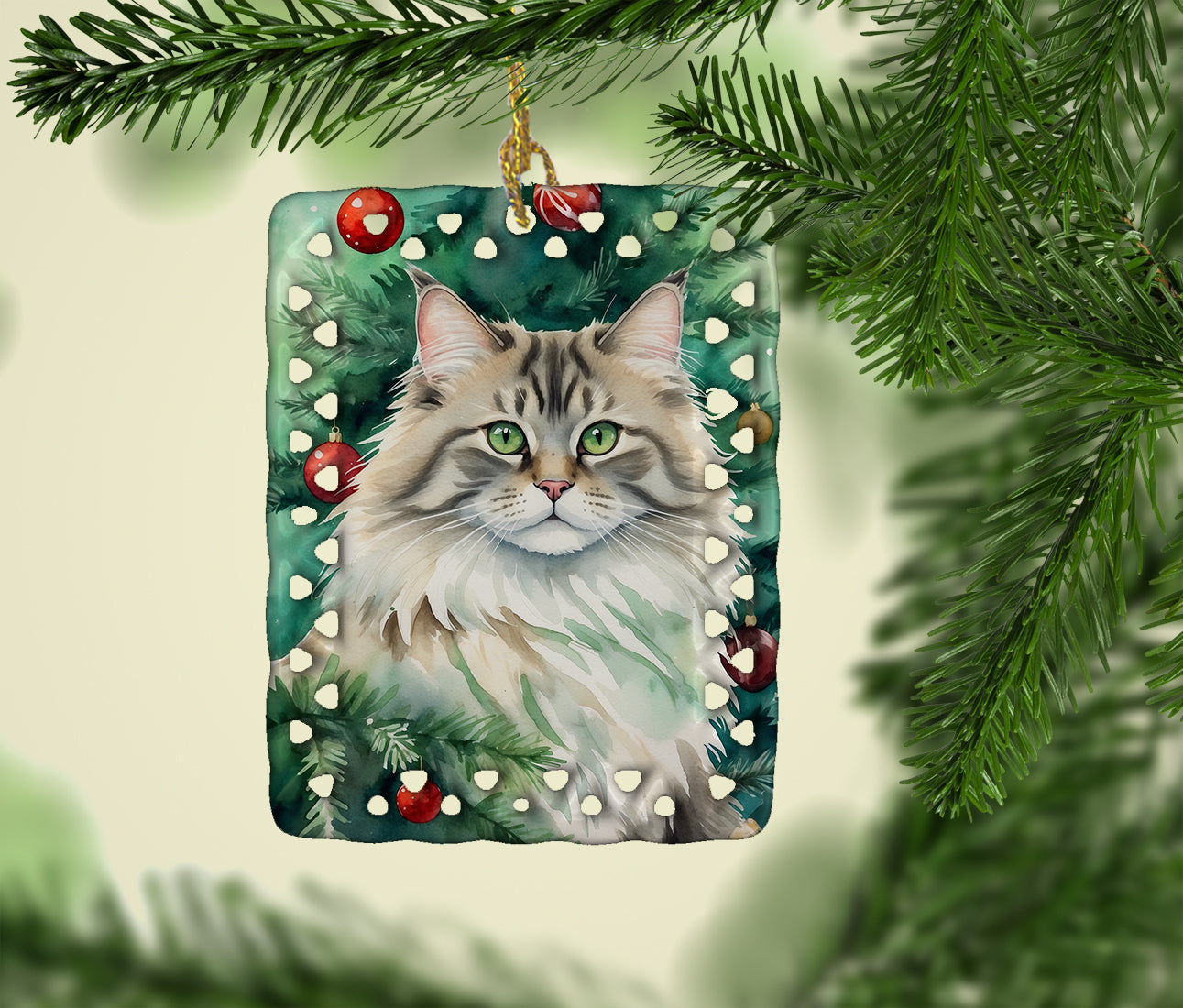 Siberian Cat By the Christmas Tree Porcelain Ornament