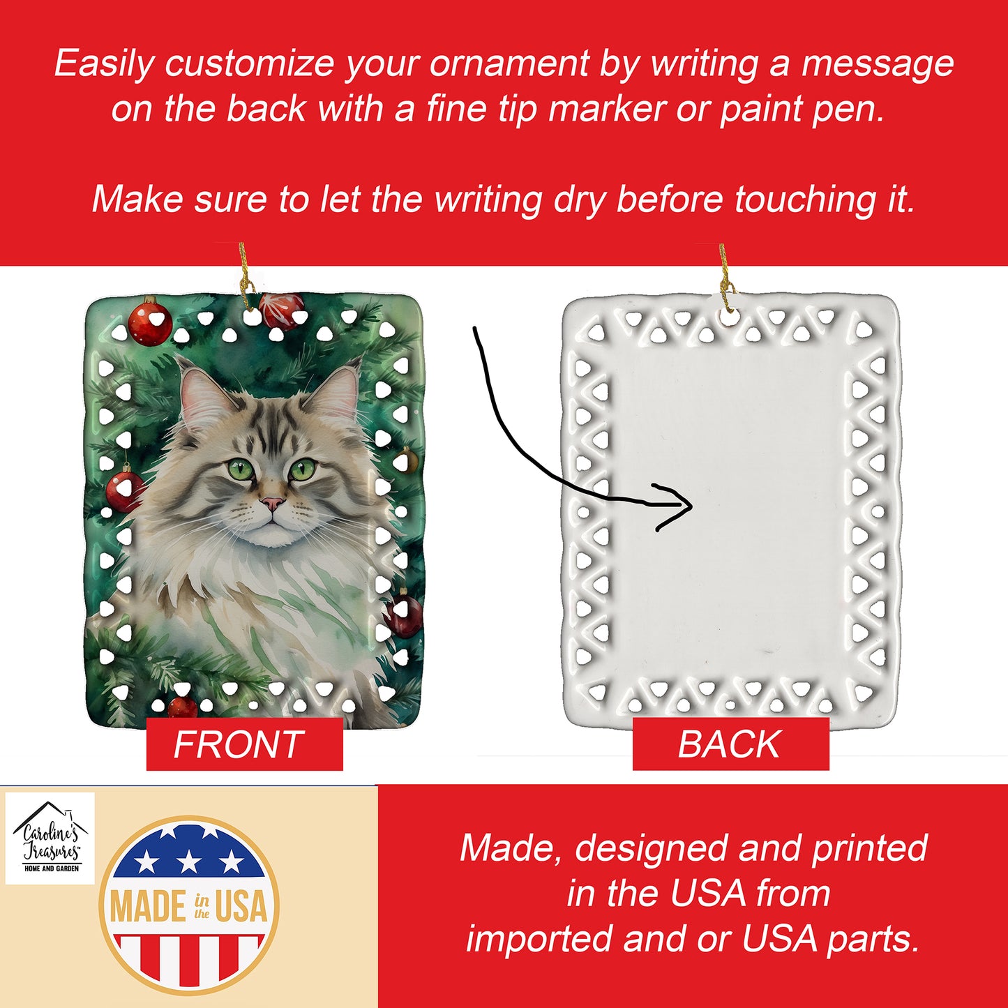 Siberian Cat By the Christmas Tree Porcelain Ornament