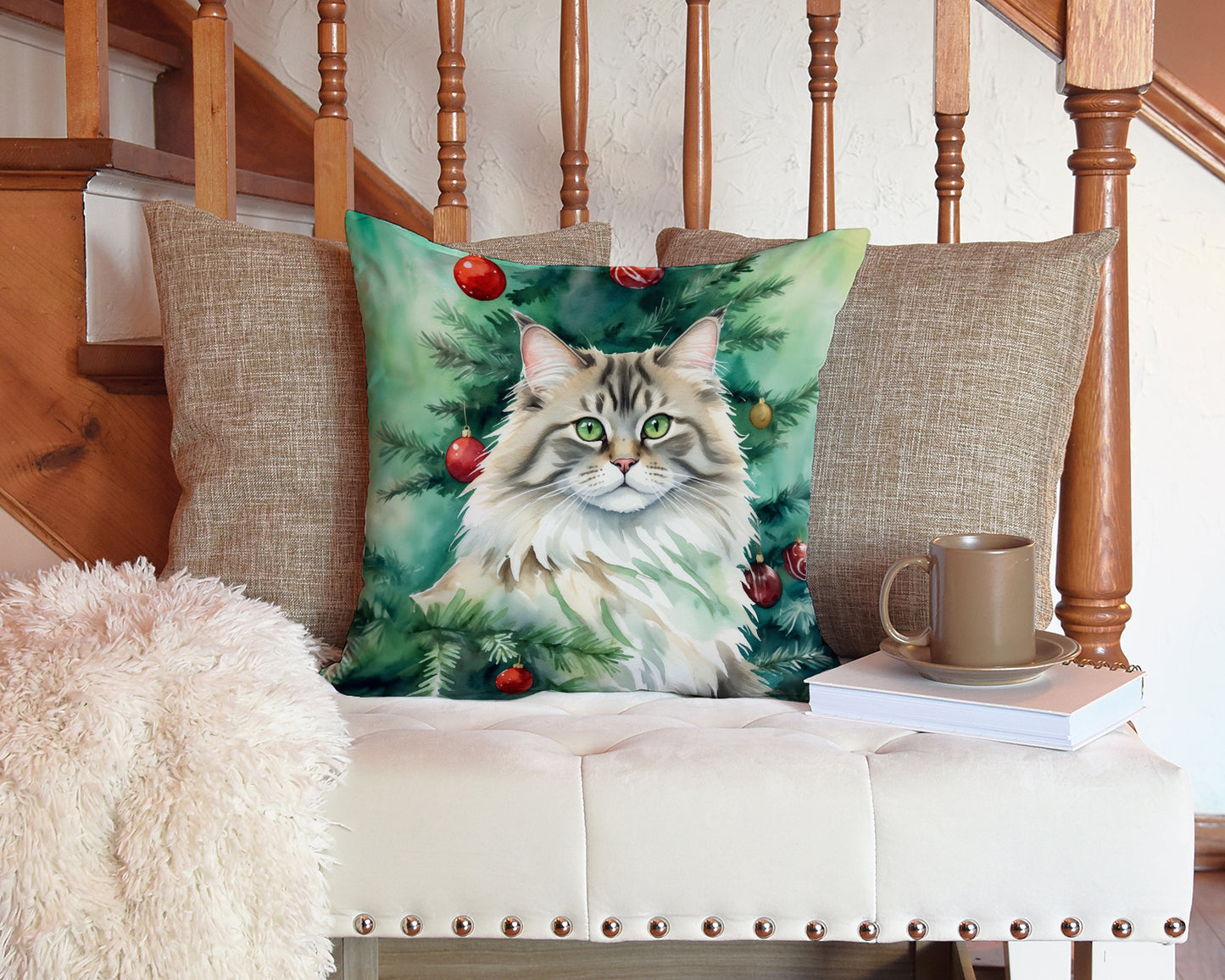 Siberian Cat By the Christmas Tree Throw Pillow