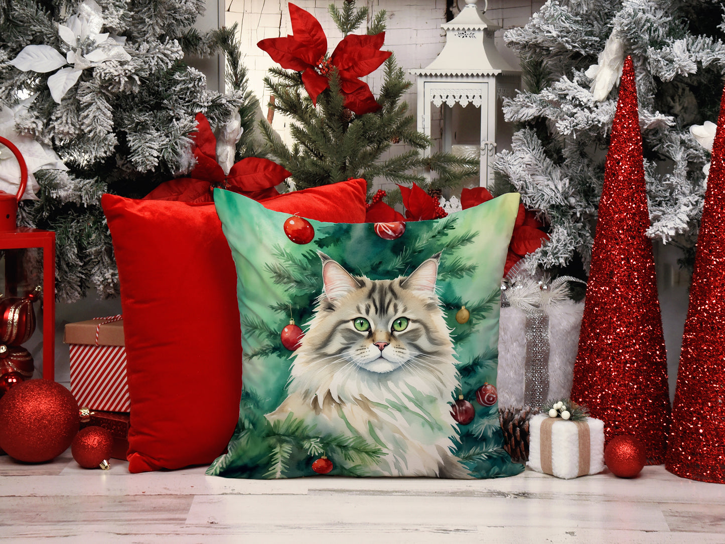 Siberian Cat By the Christmas Tree Throw Pillow