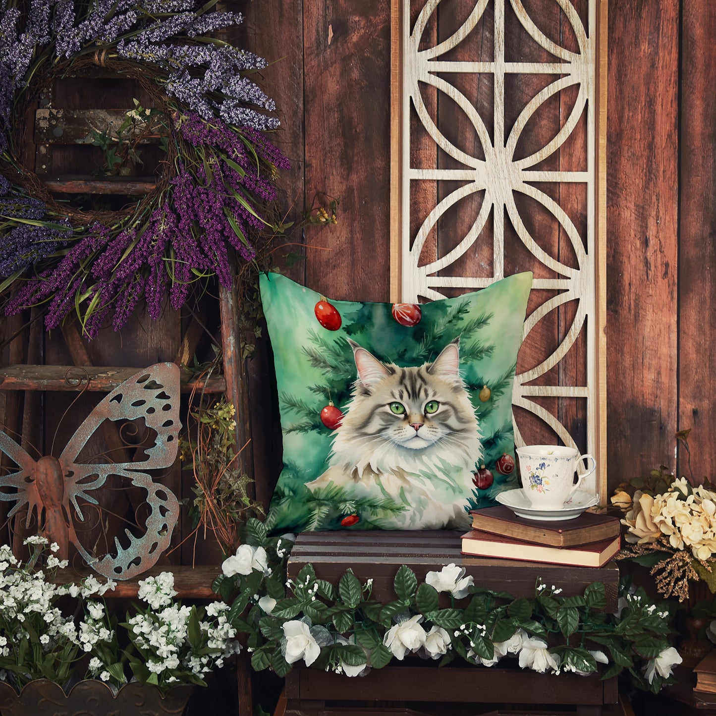 Siberian Cat By the Christmas Tree Throw Pillow