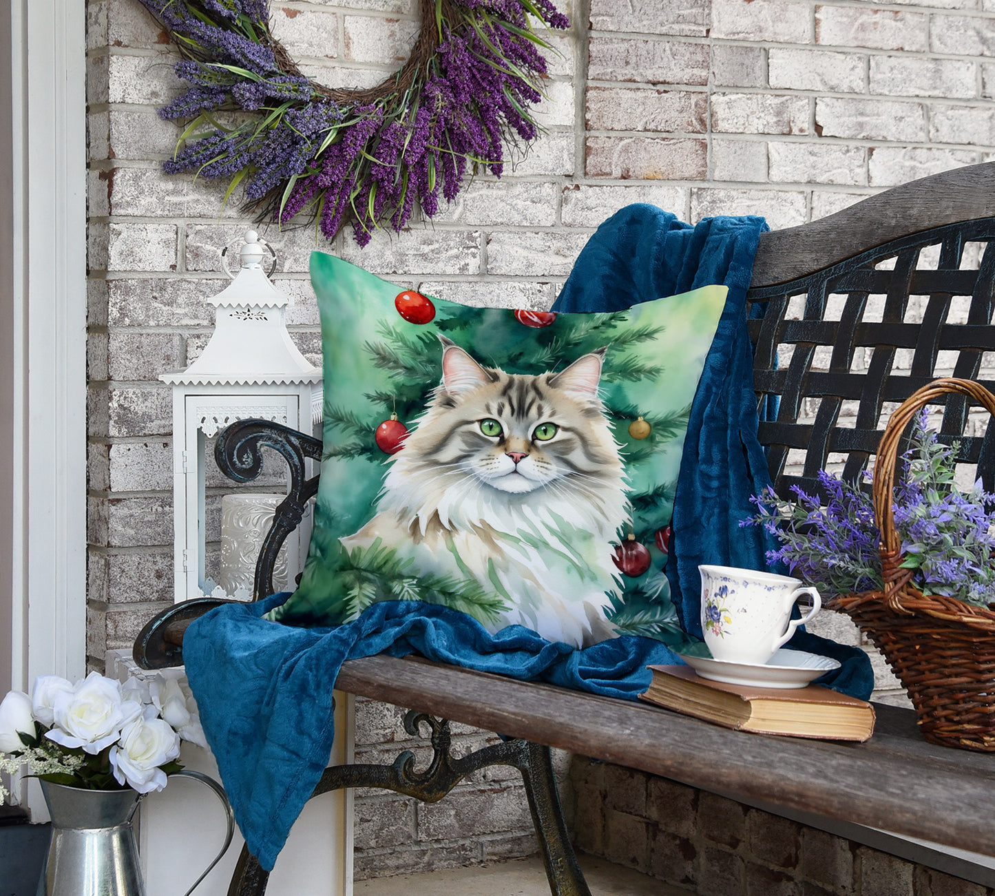 Siberian Cat By the Christmas Tree Throw Pillow
