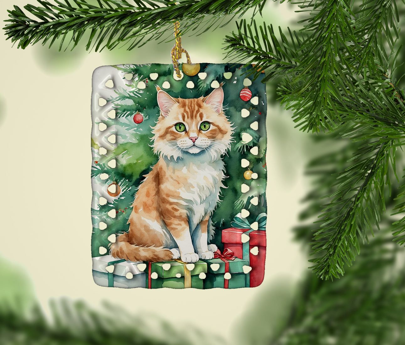 Skookum Cat By the Christmas Tree Porcelain Ornament