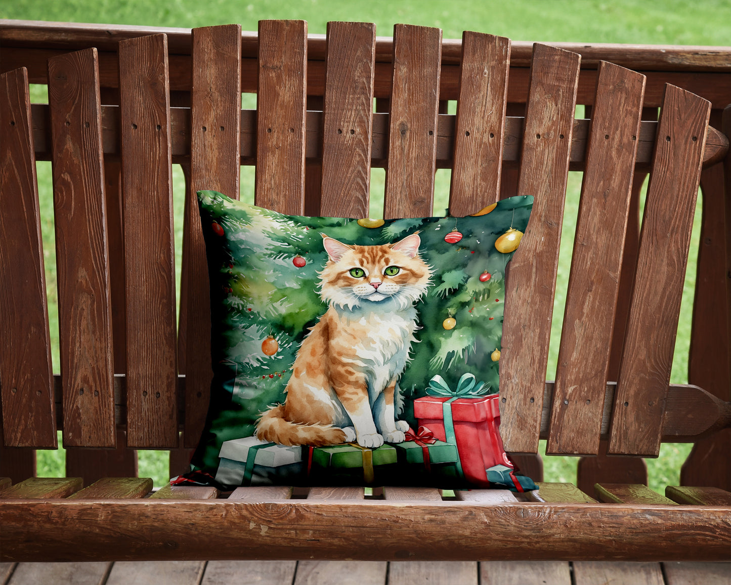 Skookum Cat By the Christmas Tree Throw Pillow