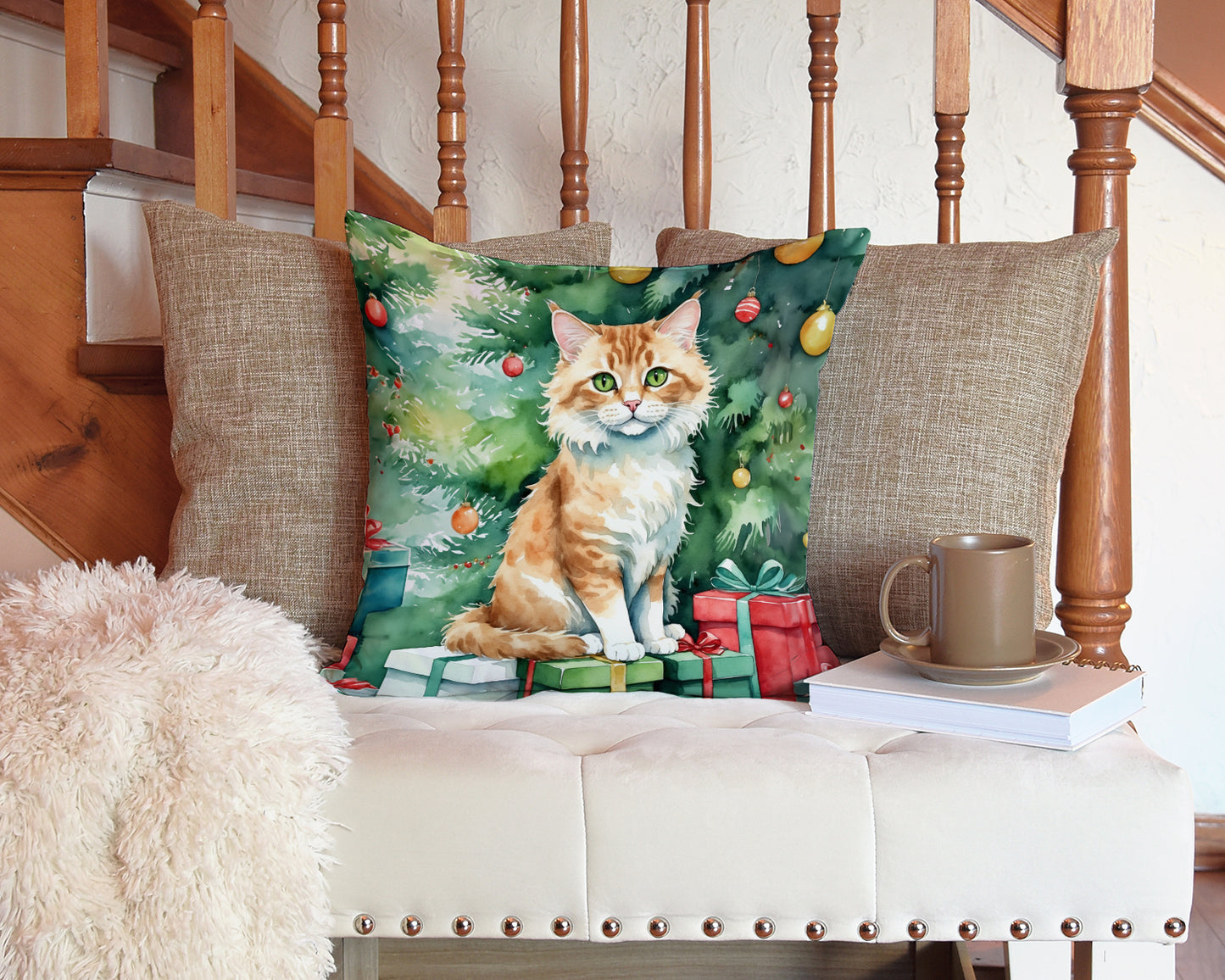 Skookum Cat By the Christmas Tree Throw Pillow