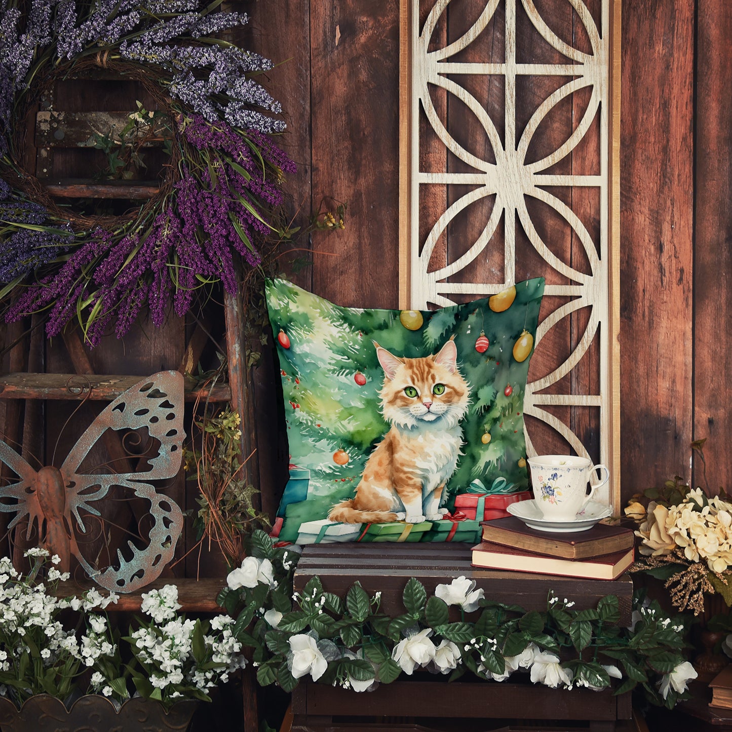 Skookum Cat By the Christmas Tree Throw Pillow