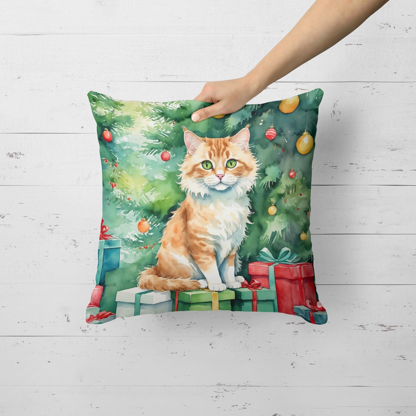Skookum Cat By the Christmas Tree Throw Pillow
