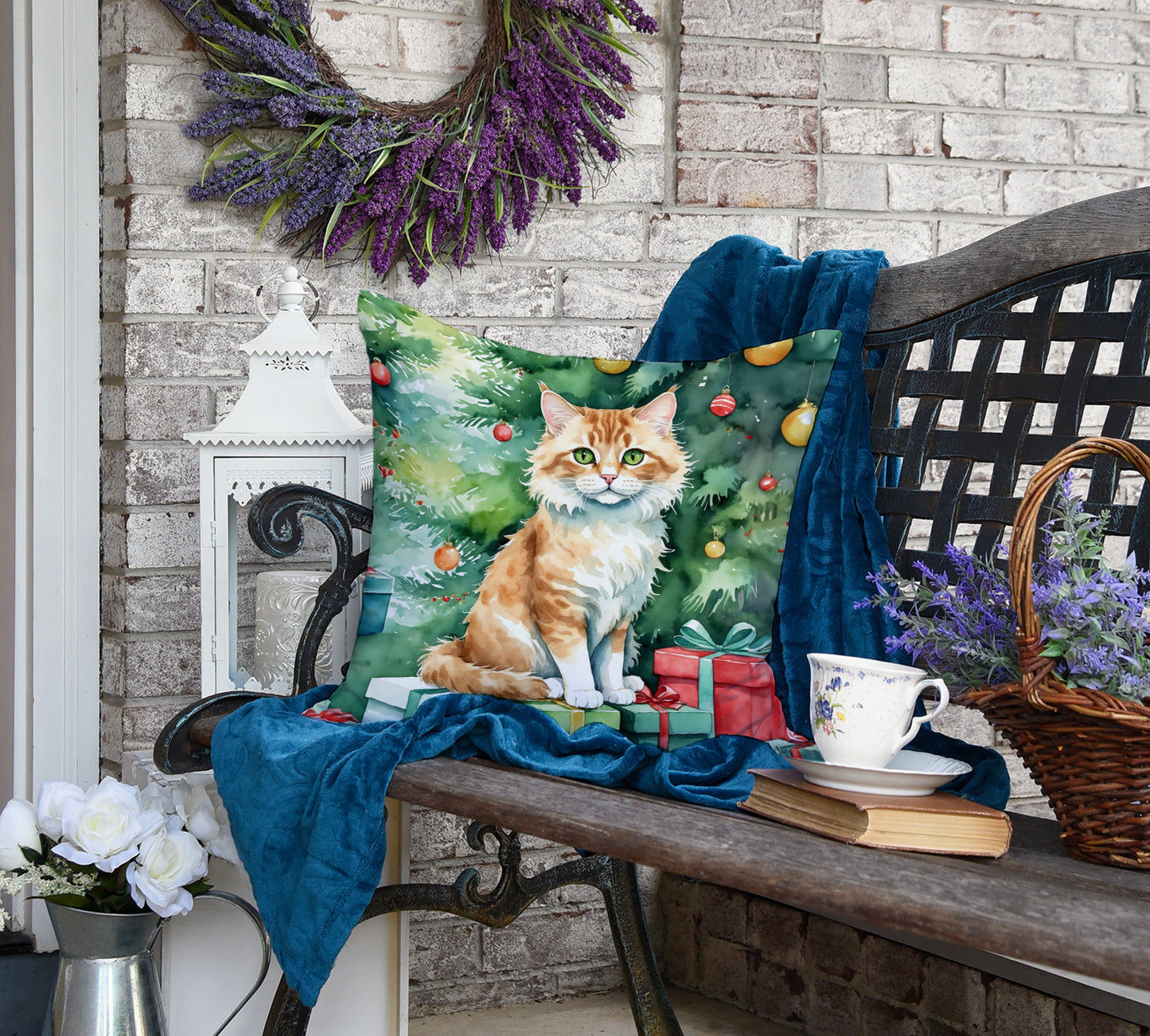 Skookum Cat By the Christmas Tree Throw Pillow
