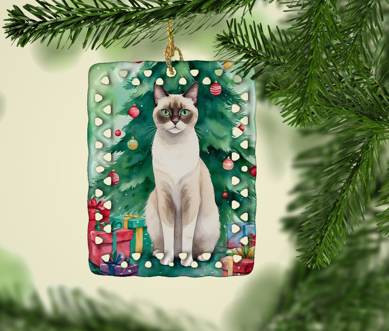 Snowshoe Cat By the Christmas Tree Porcelain Ornament
