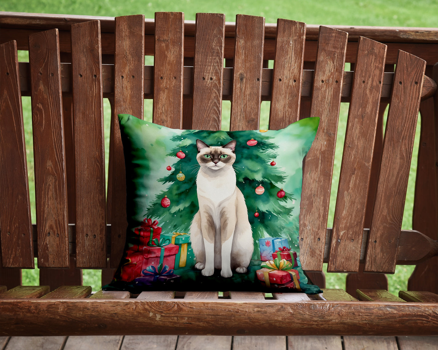 Snowshoe Cat By the Christmas Tree Throw Pillow