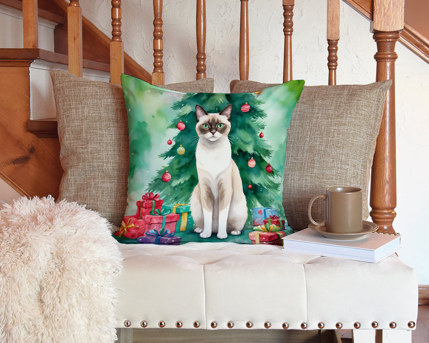 Snowshoe Cat By the Christmas Tree Throw Pillow