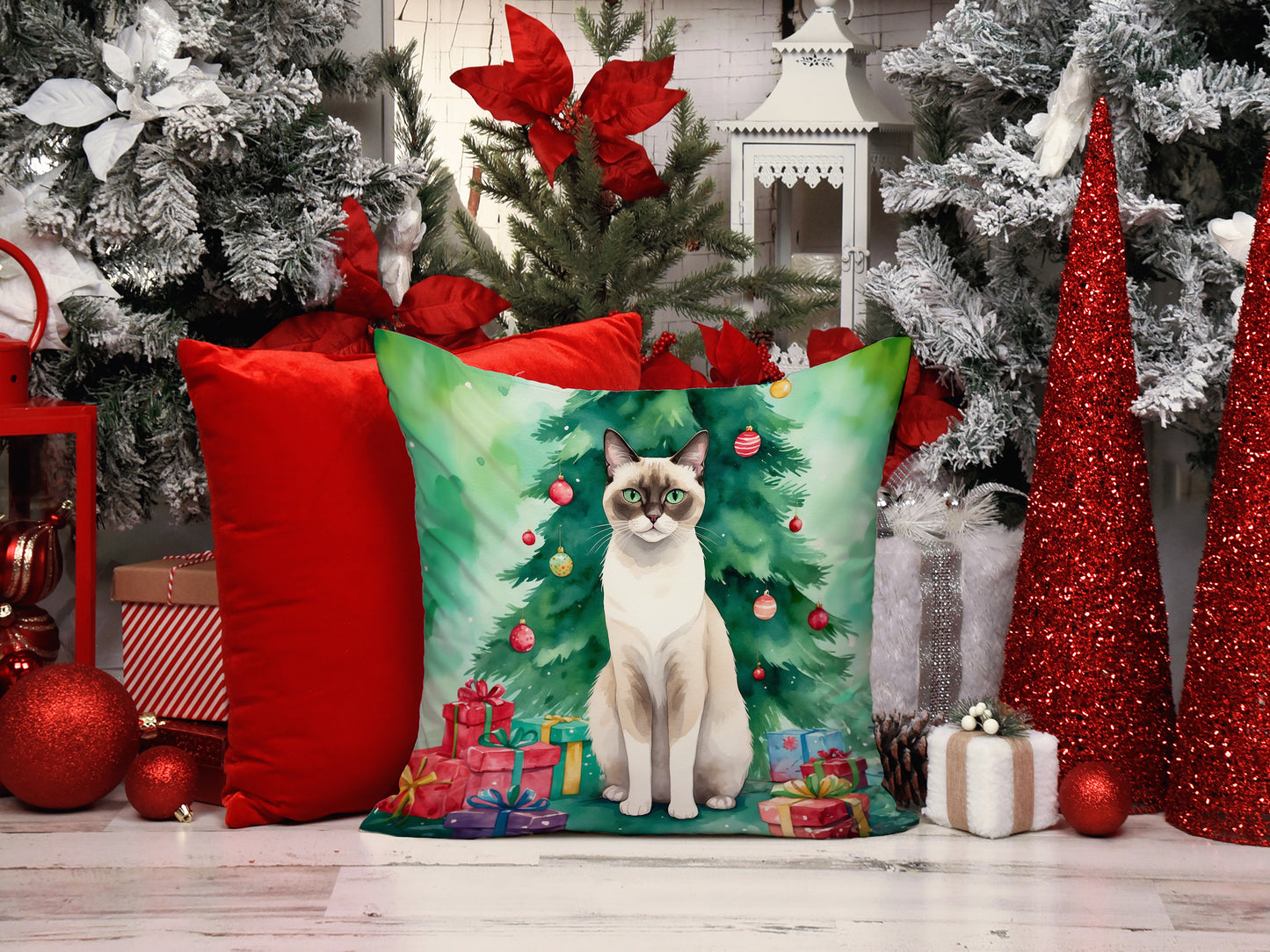 Snowshoe Cat By the Christmas Tree Throw Pillow